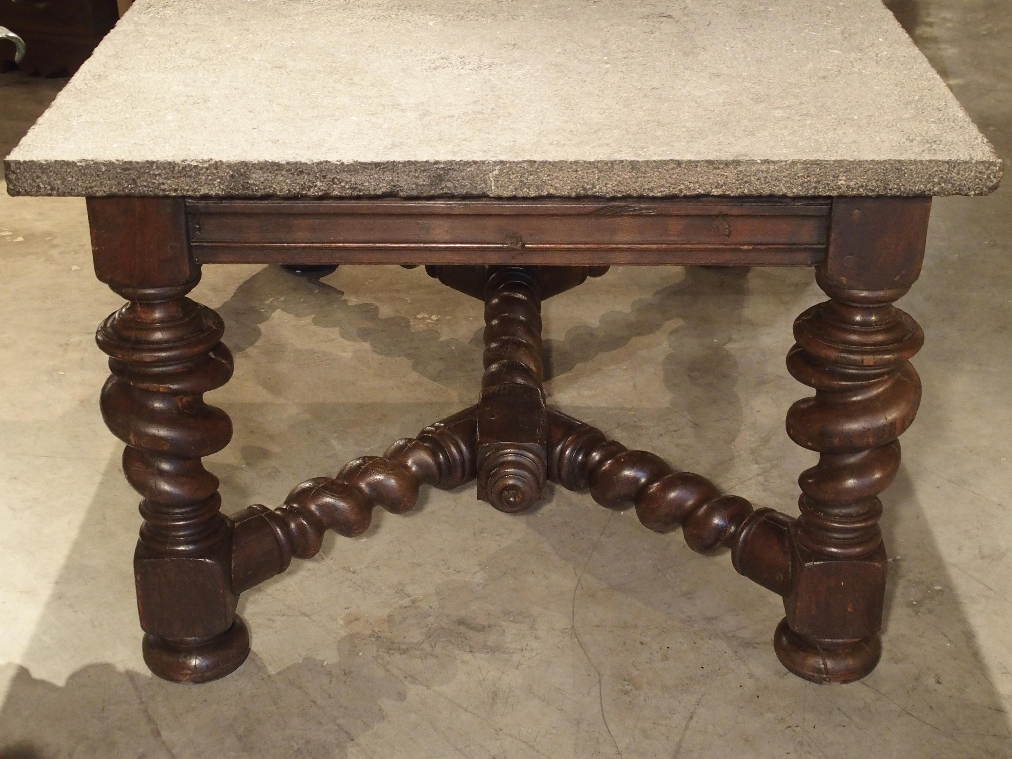 Stone Impressive French Oak Table with Large Turned Legs and Bluestone Top, C. 1850