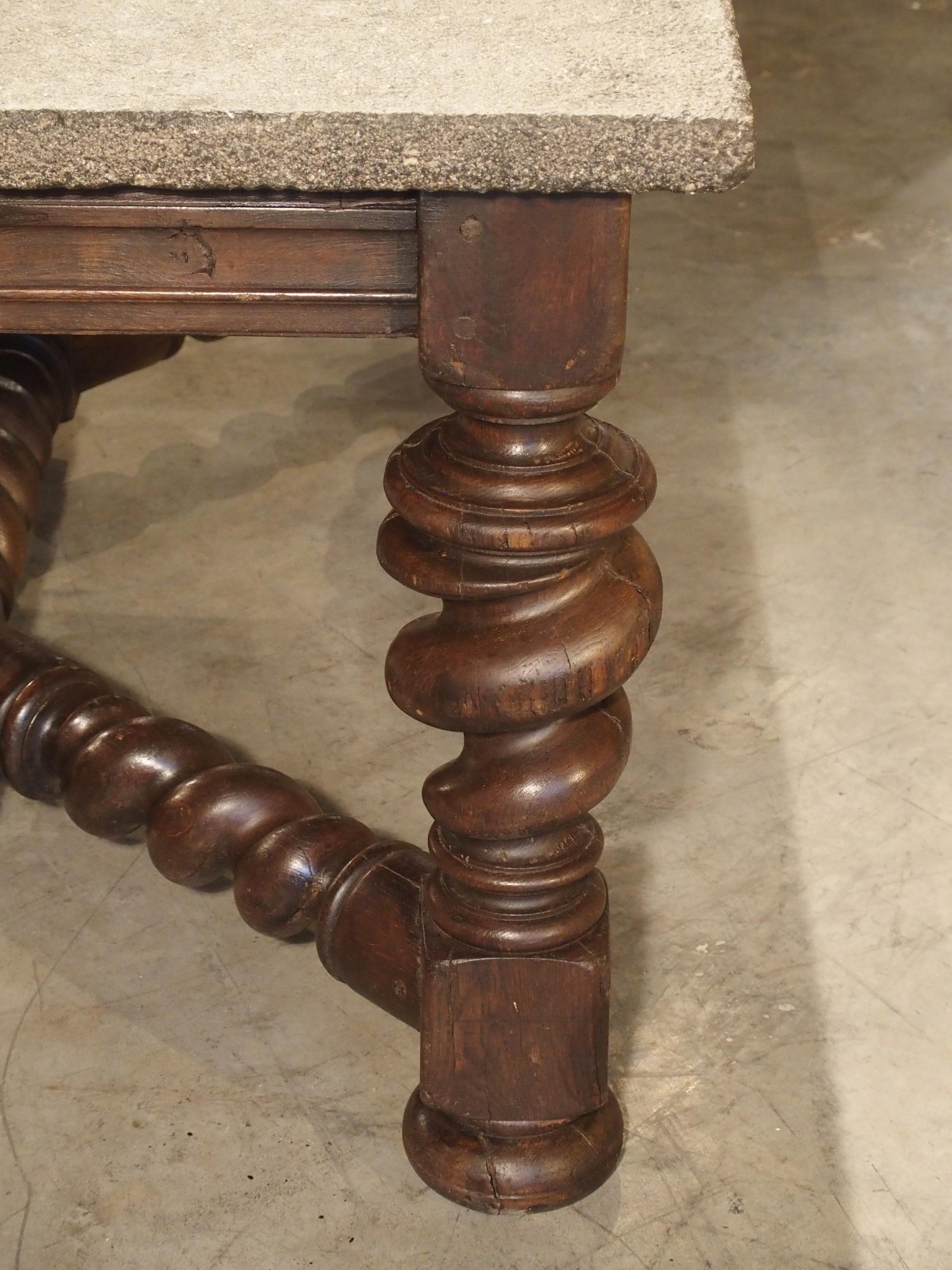 Impressive French Oak Table with Large Turned Legs and Bluestone Top, C. 1850 1