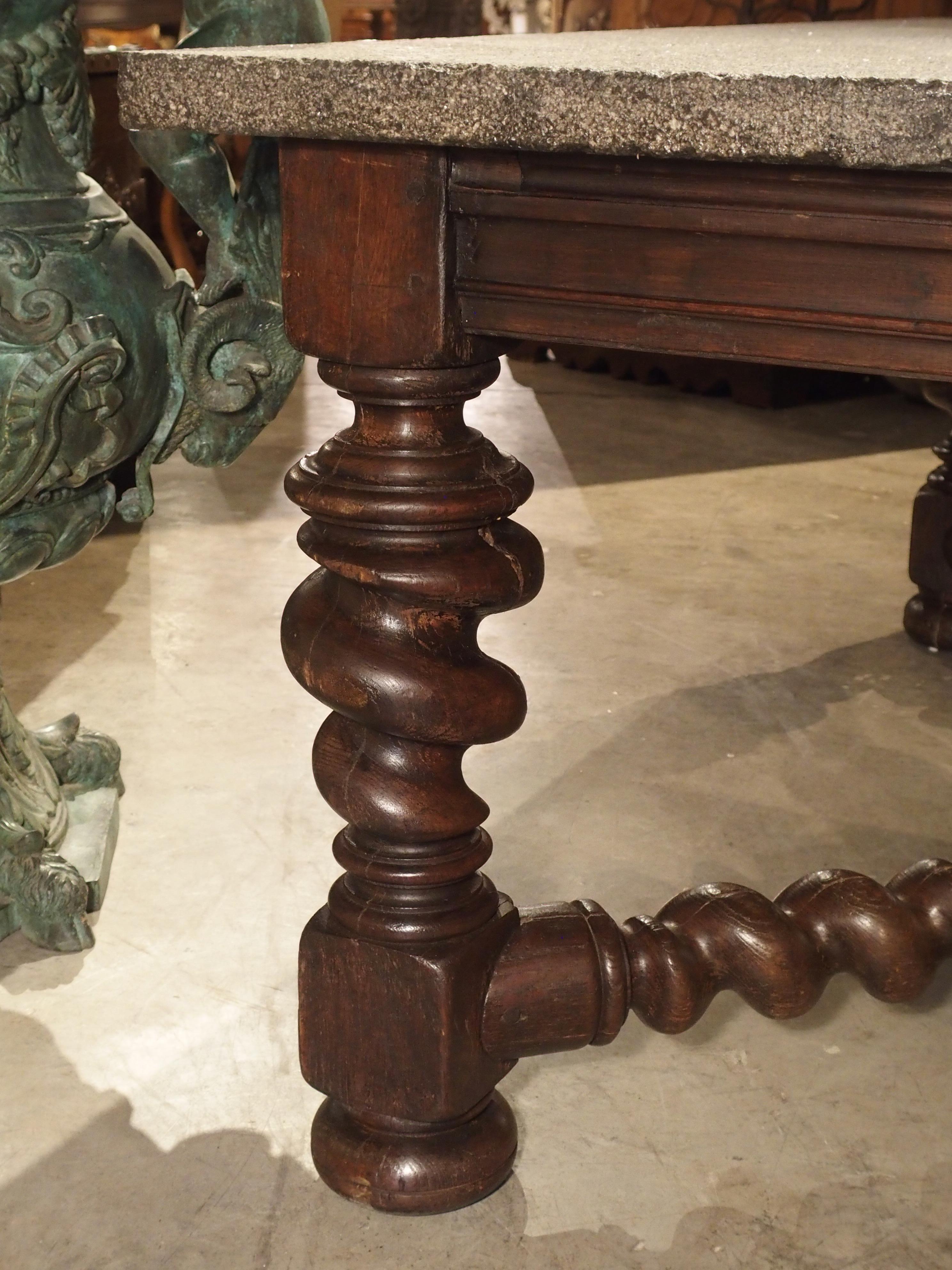 Impressive French Oak Table with Large Turned Legs and Bluestone Top, C. 1850 2