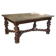 Impressive French Oak Table with Large Turned Legs and Bluestone Top, C. 1850