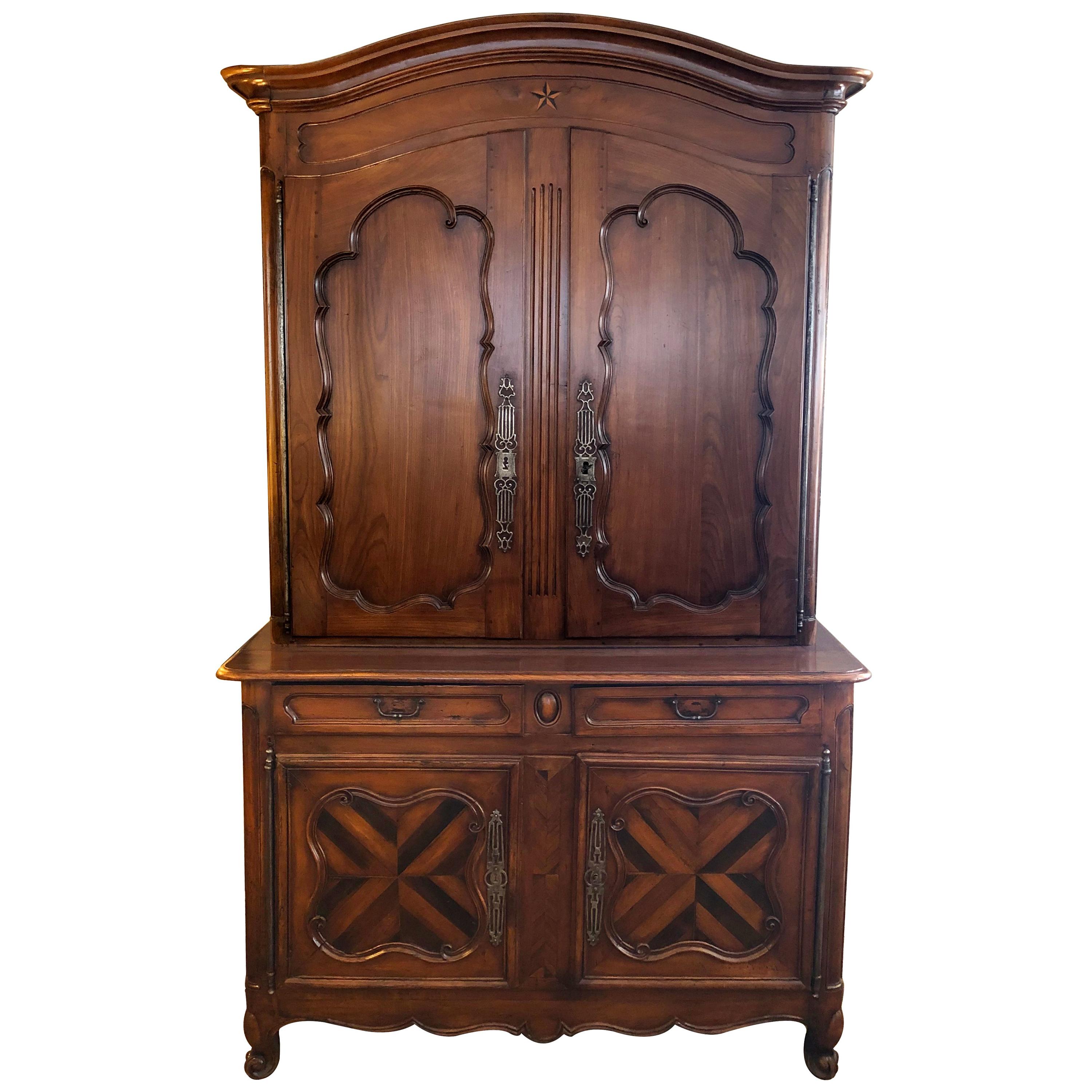 Impressive French Provincial Walnut Buffet-a-Deux-Corps/Cabinet