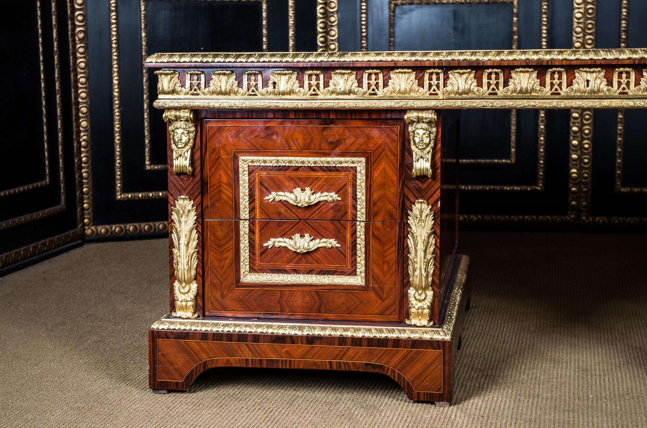 Bronzed Impressive French Writing Desk in the Antique Style of Louis XIV Mahogany Bronze For Sale