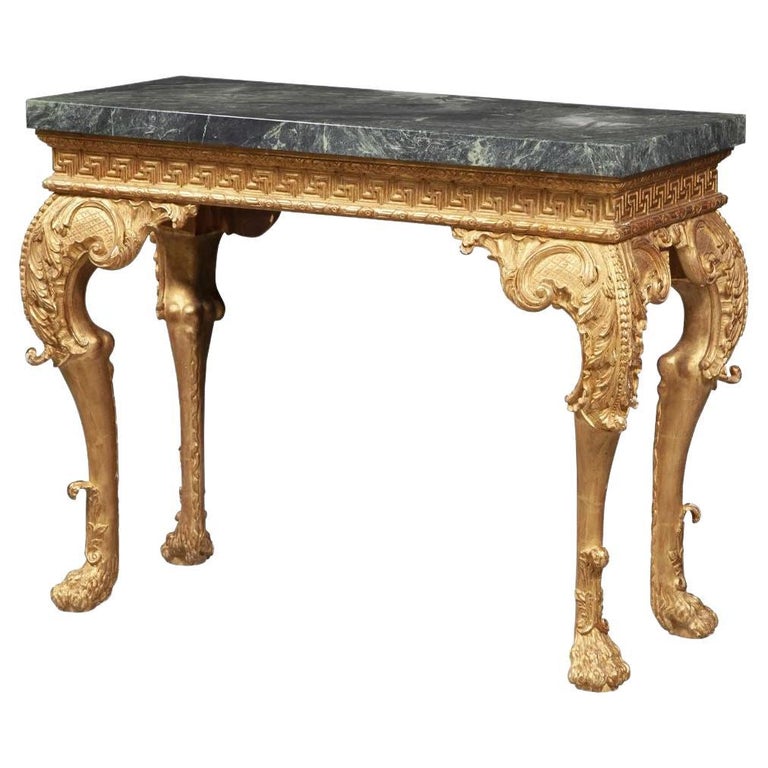 George II–Style Giltwood Console with Green Marble Top, 20th Century