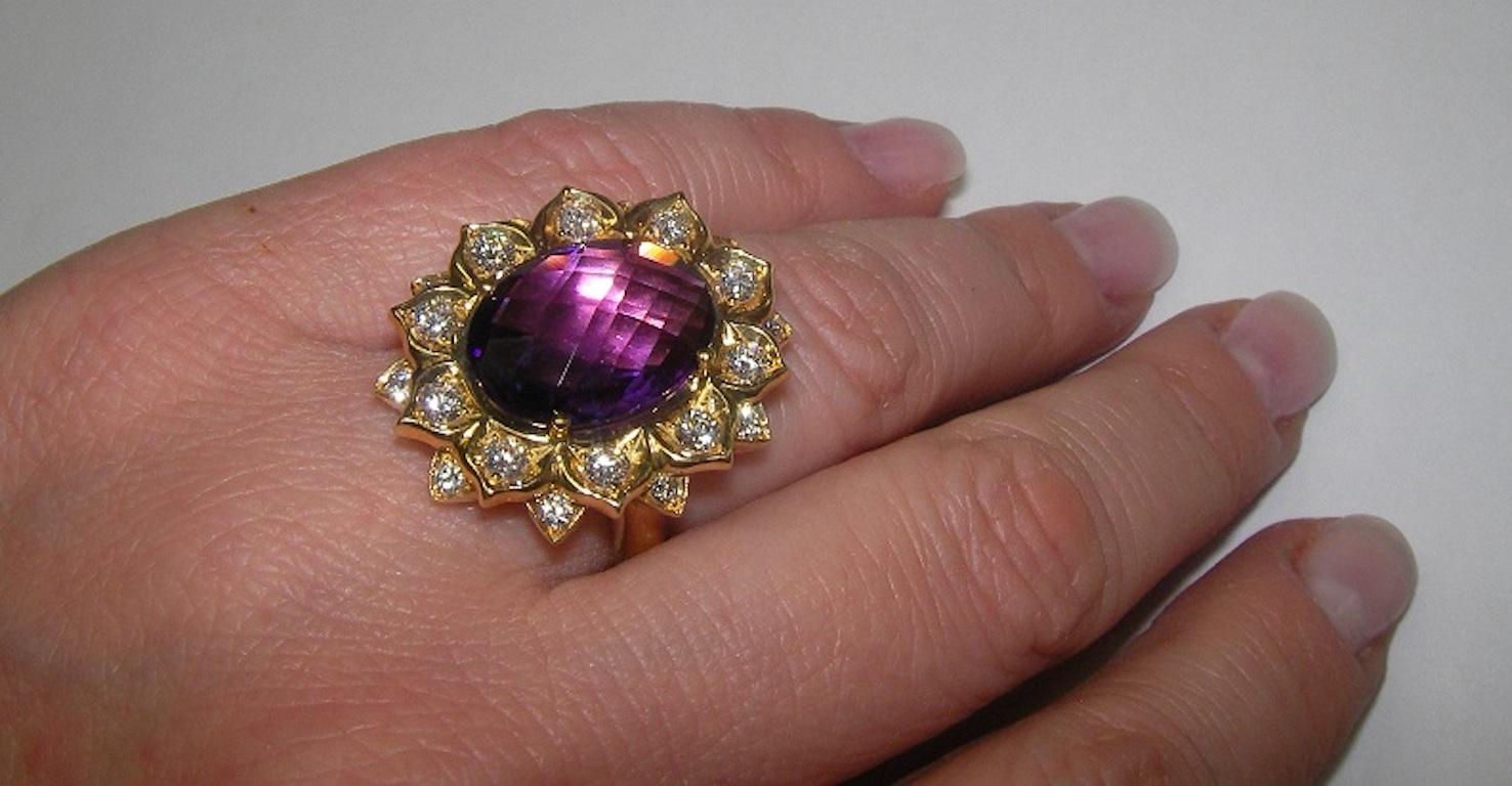 Women's Impressive Gianni Lazaro 7.84 Carat Amethyst Diamond Yellow 18 Karat Gold Ring For Sale