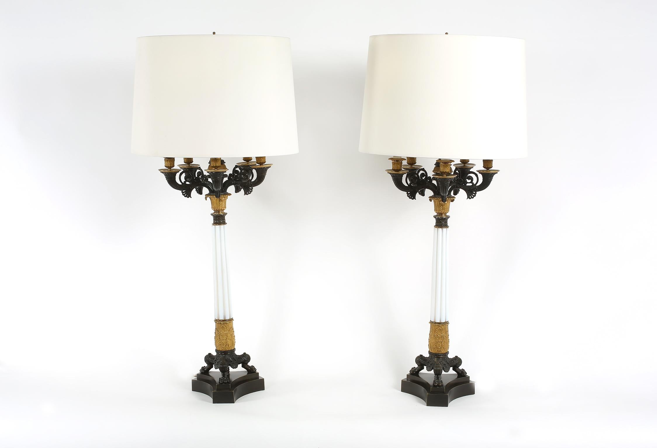 Impressive Gilt Bronze / Art Glass Candelabras Pair Lamp In Good Condition In Tarry Town, NY
