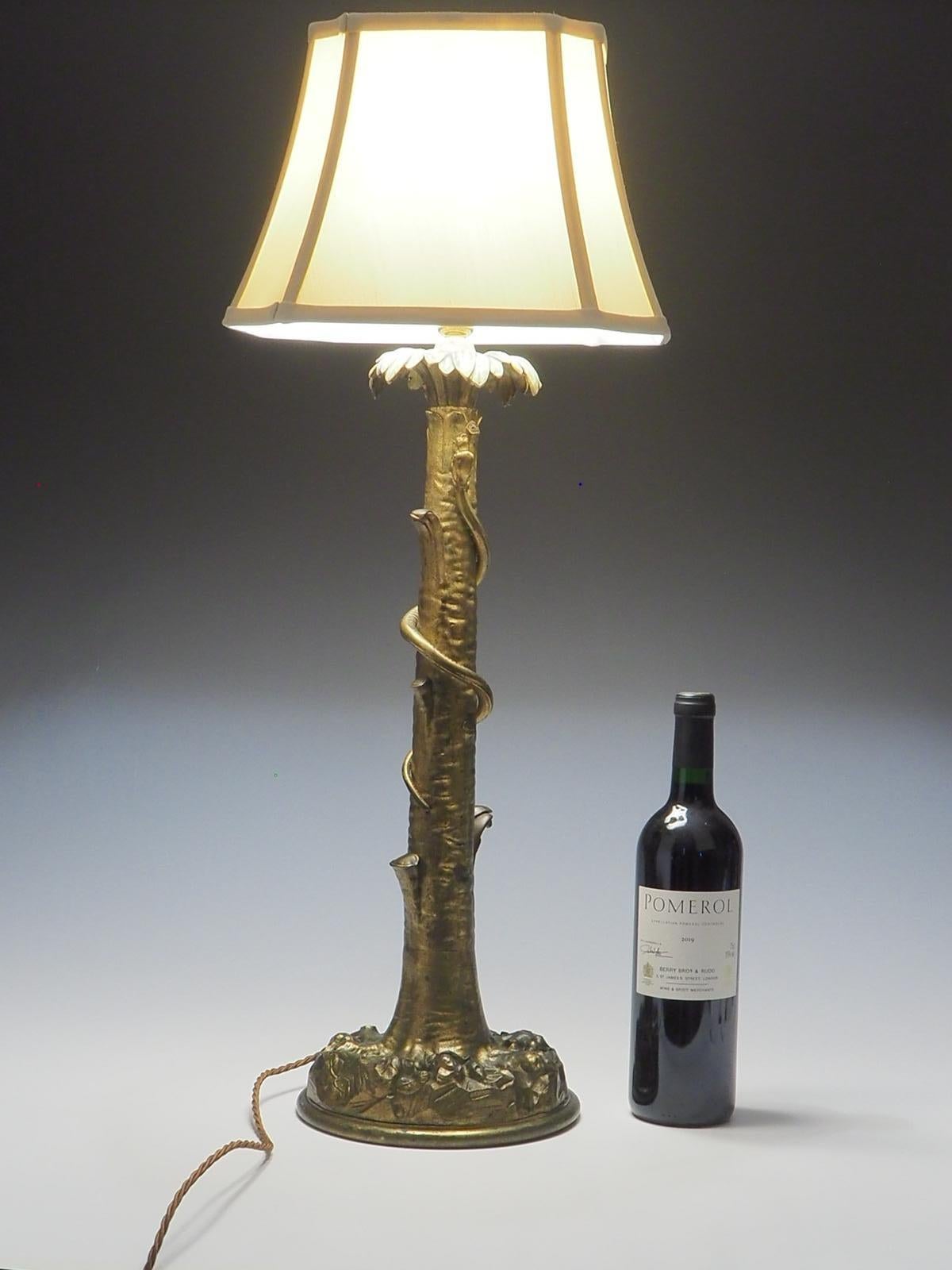 19th Century Impressive Gilt Laquared Tree with Serpent Snake Table Lamp For Sale