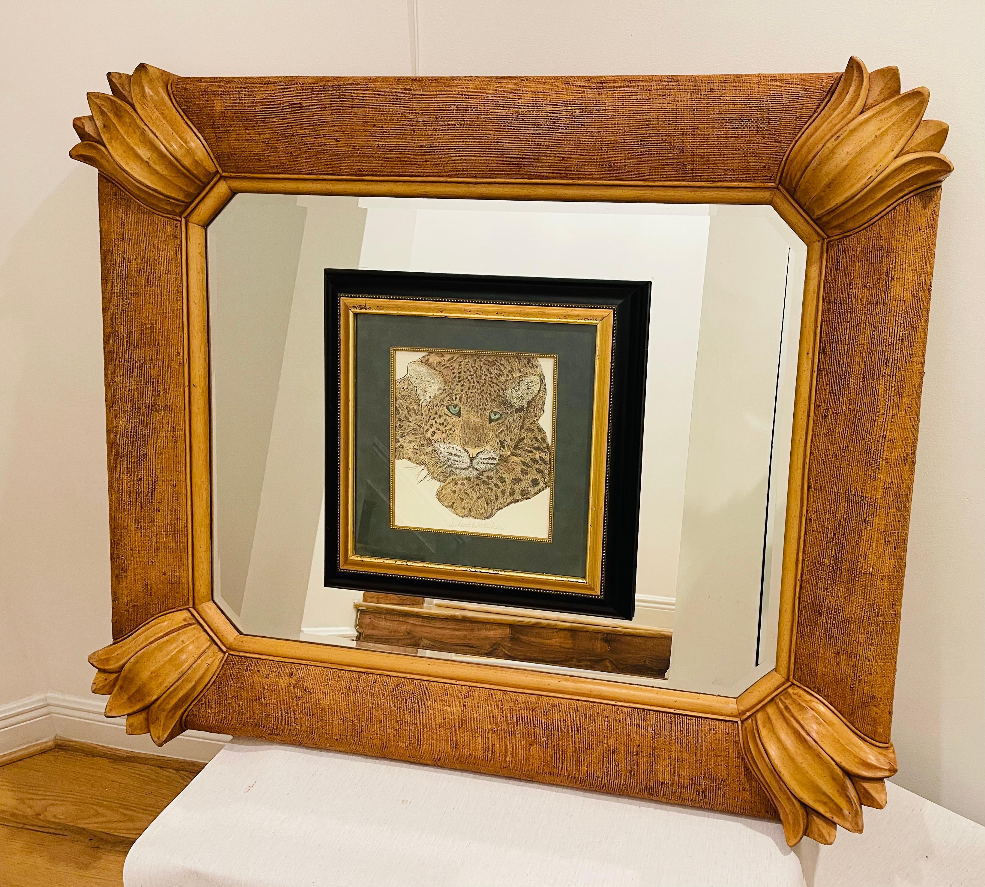 Unique Spectacular Safari style large Grasscloth mirror with handcarved corner rosettes and signed watercolor painting of cheetah . 