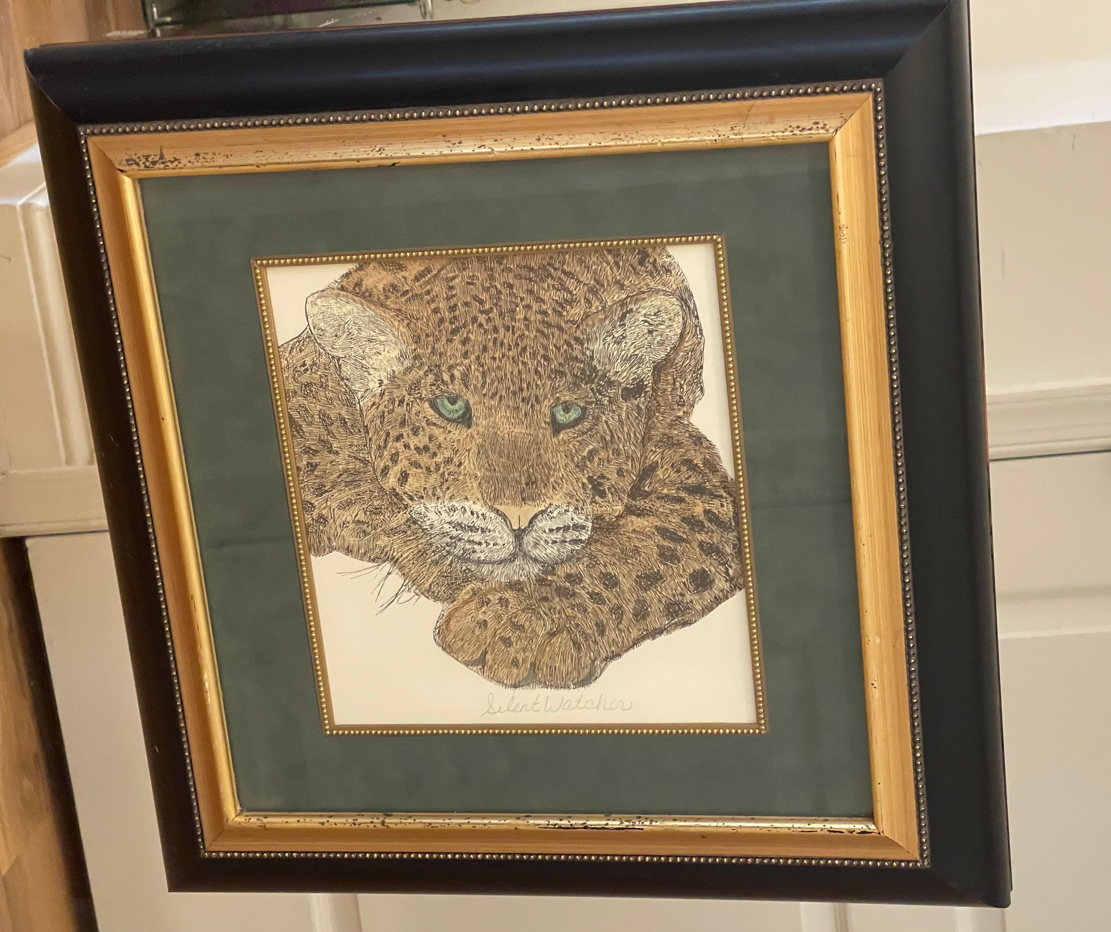 American Impressive Grasscloth Mirror With Cheetah Painting For Sale