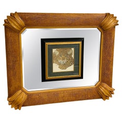 Impressive Grasscloth Mirror With Cheetah Painting