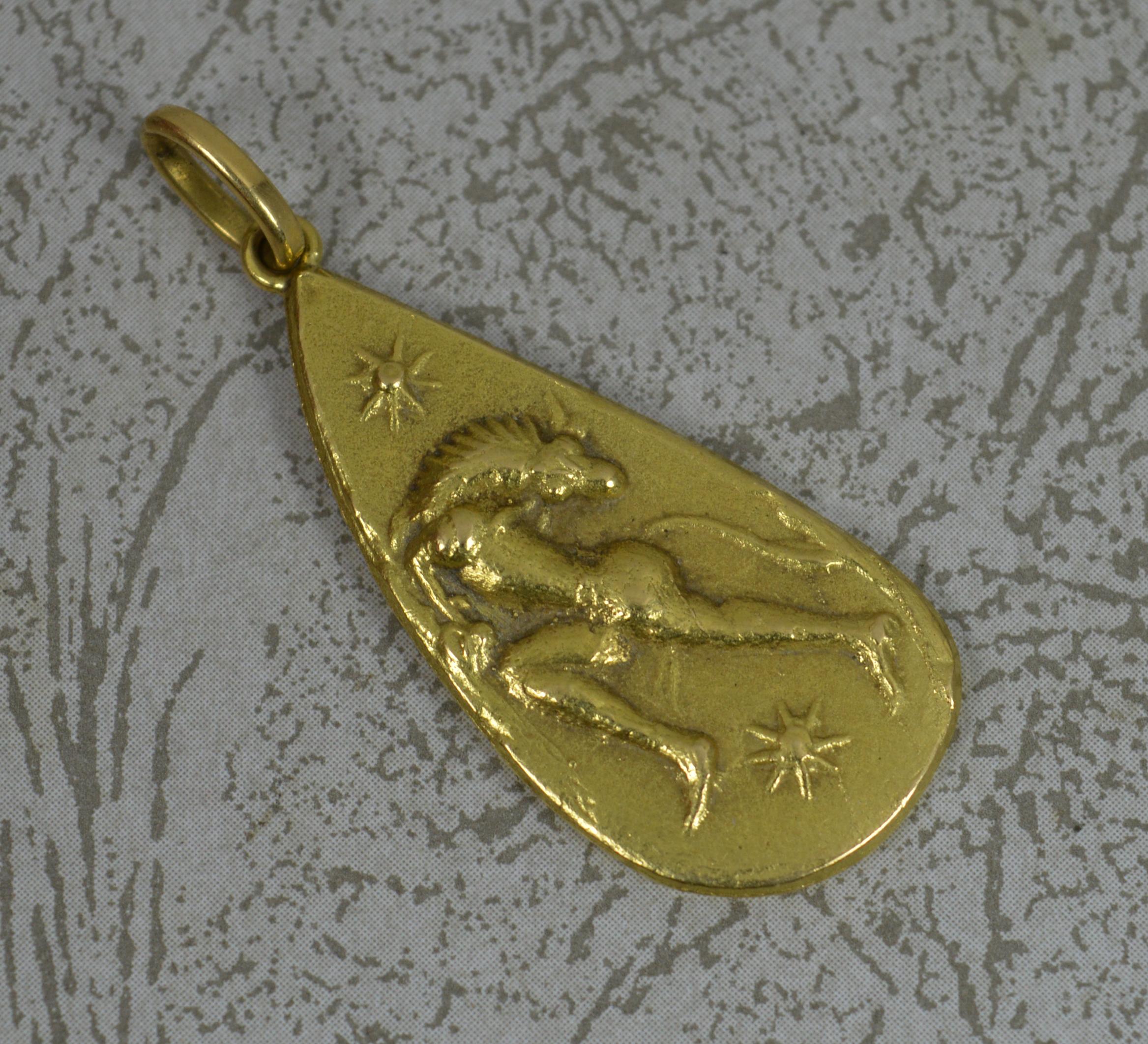 A superb vintage pendant.
Solid 14 carat yellow gold example.
A pear shaped drop example with a mythical creature to centre with a star above or below.

CONDITION ; Excellent for age. Crisp design. Issue free. Please view photographs.
WEIGHT ; 5.6