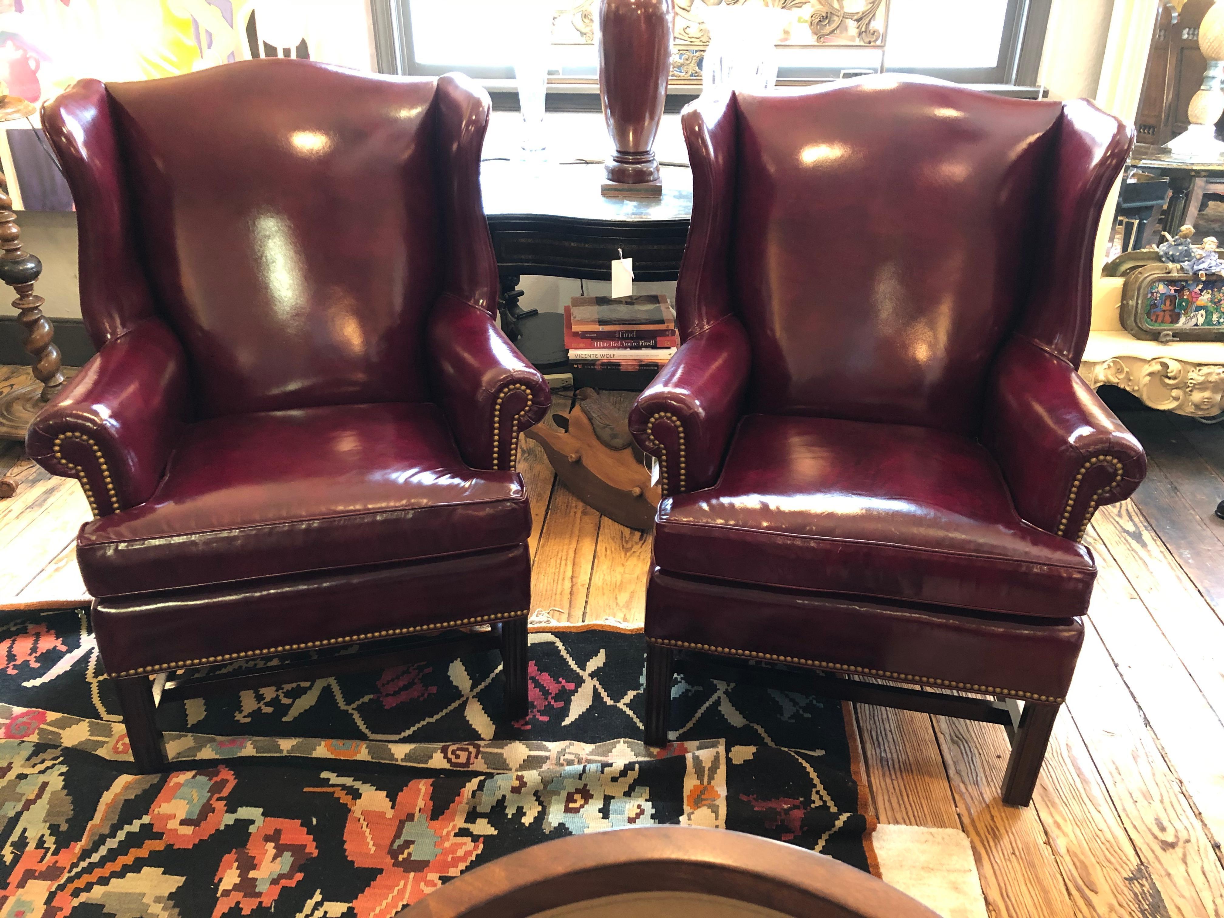 Impressive Hancock & Moore Pair of Cranberry Supple Leather Wing Chairs 4