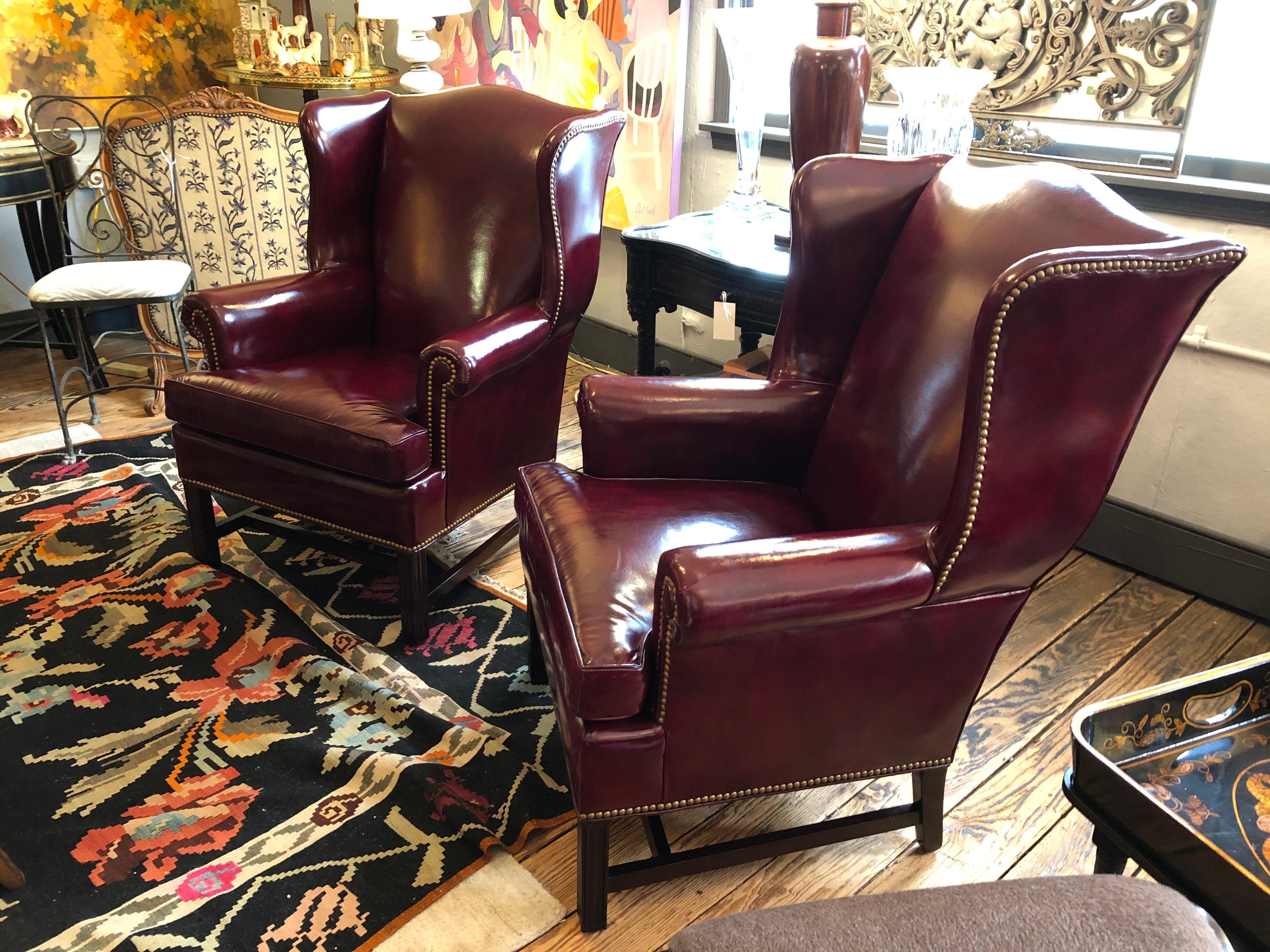 American Classical Impressive Hancock & Moore Pair of Cranberry Supple Leather Wing Chairs