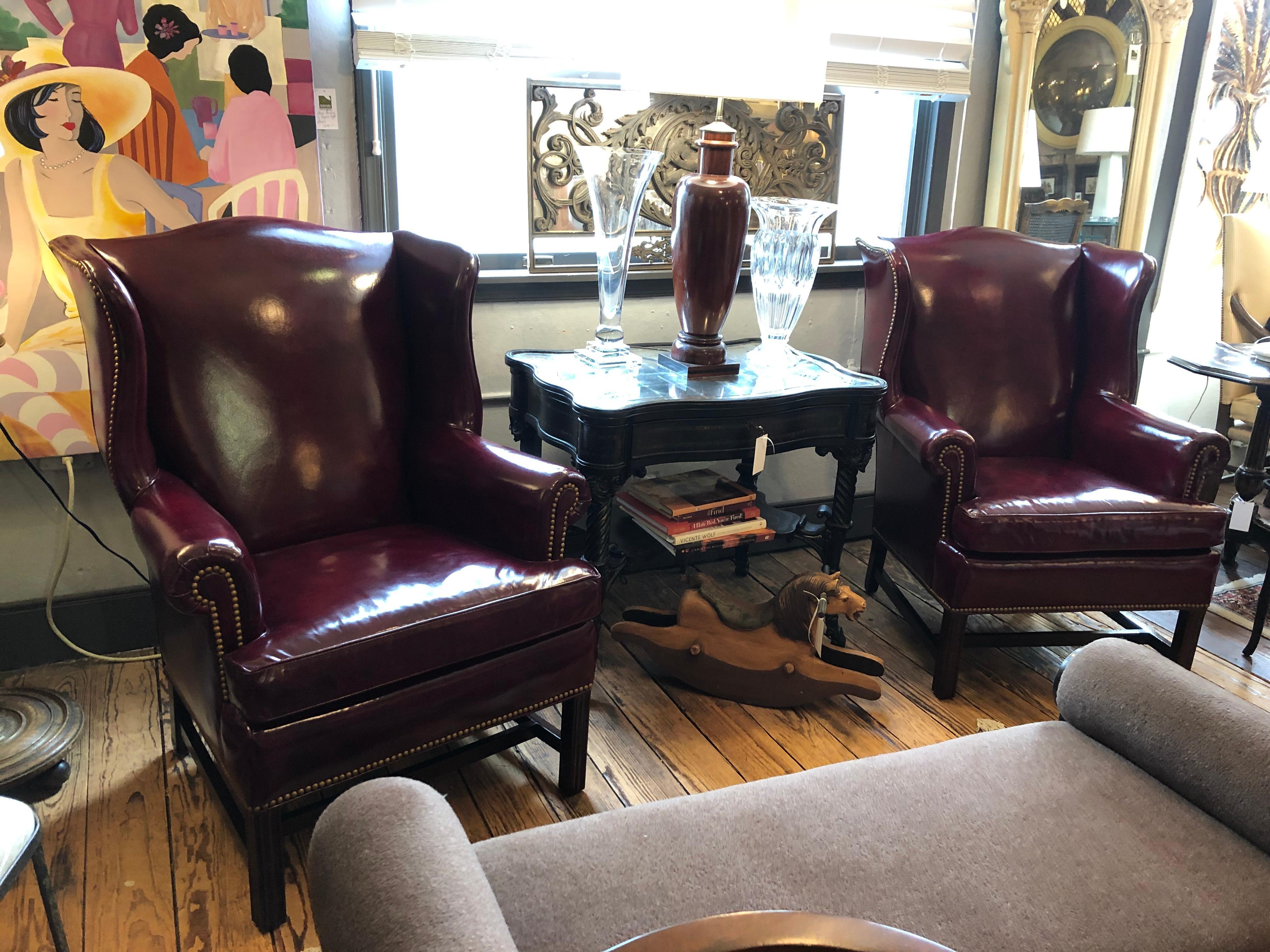 Late 20th Century Impressive Hancock & Moore Pair of Cranberry Supple Leather Wing Chairs