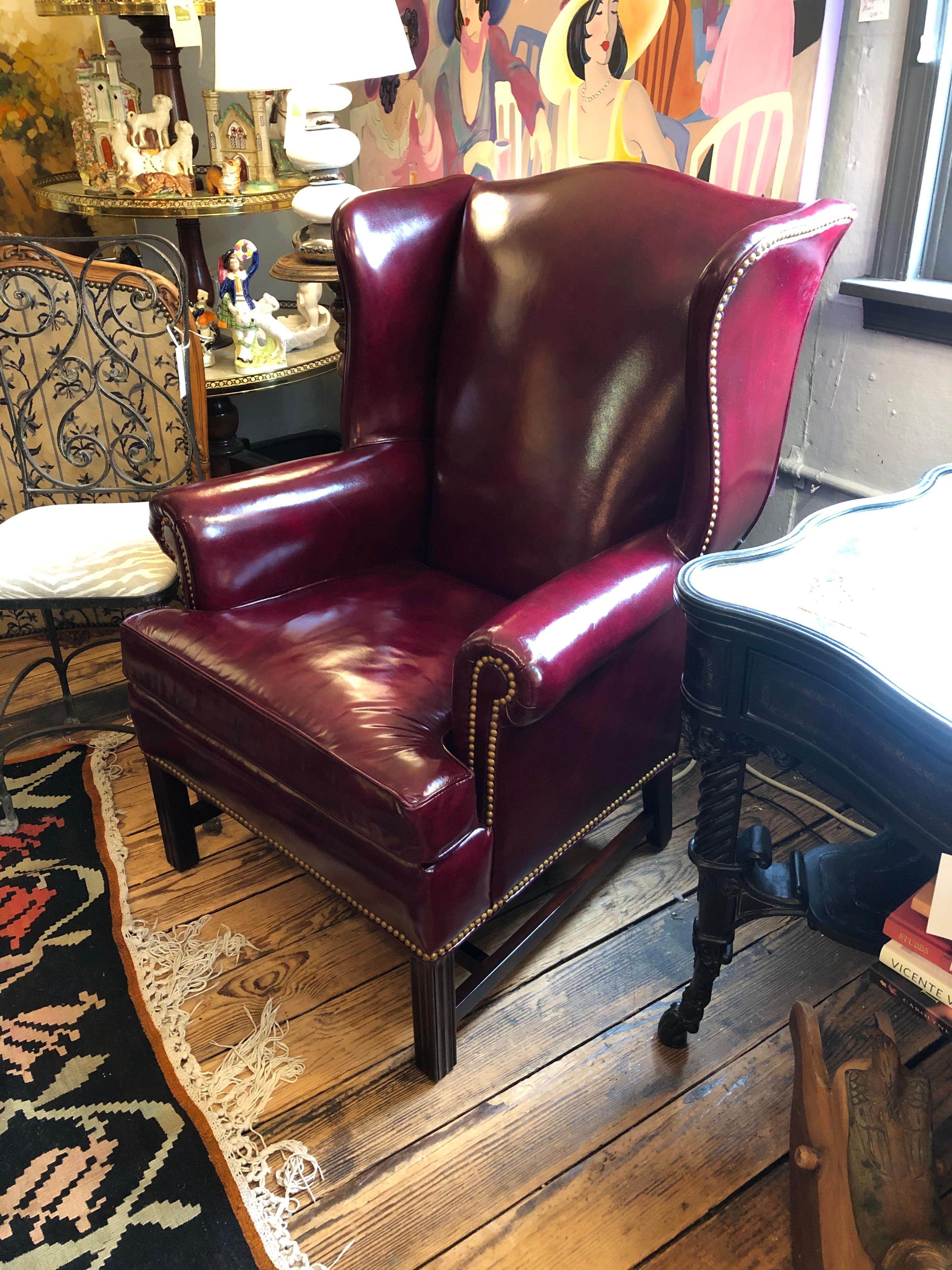 Impressive Hancock & Moore Pair of Cranberry Supple Leather Wing Chairs 1