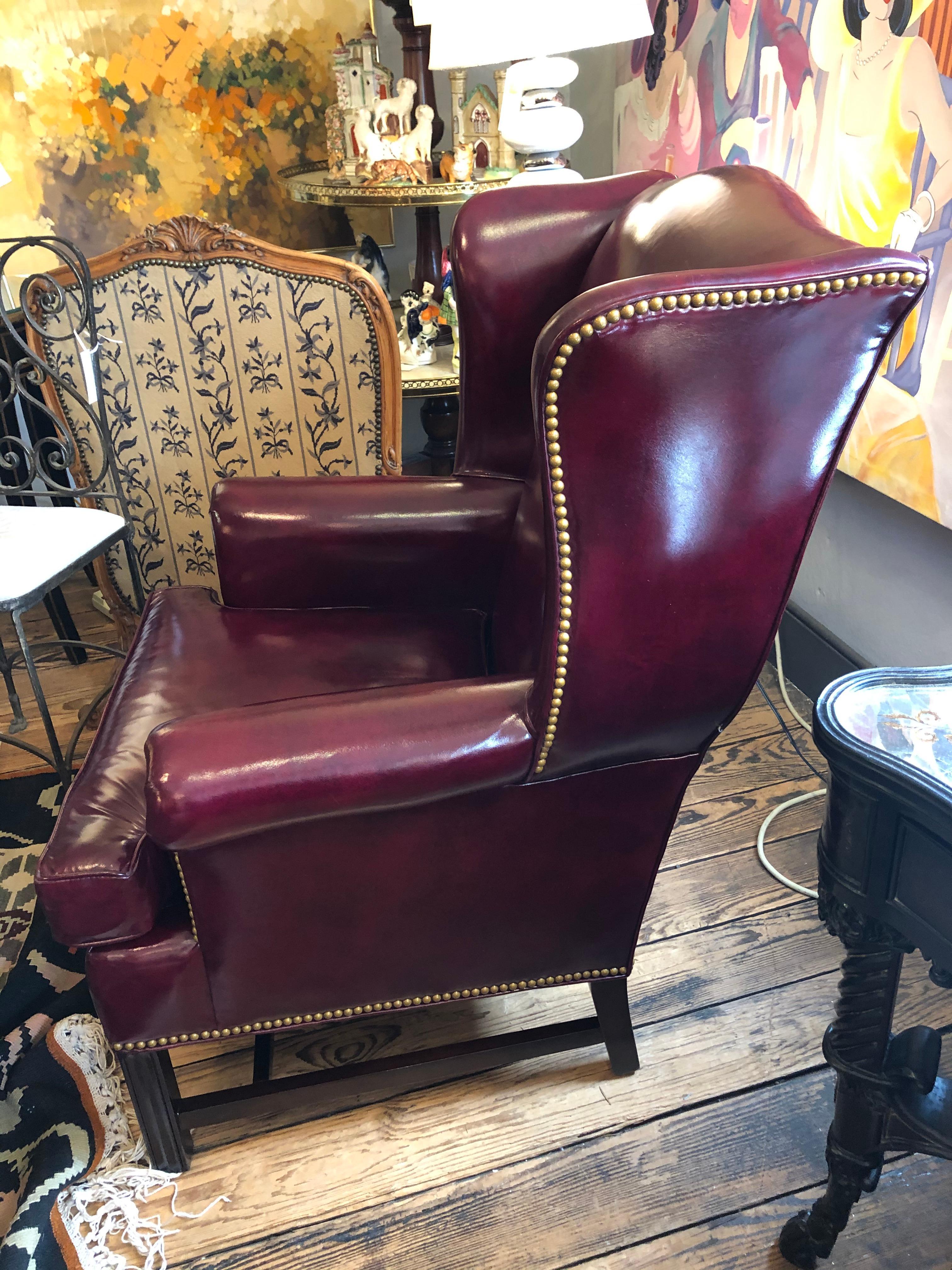 Impressive Hancock & Moore Pair of Cranberry Supple Leather Wing Chairs 2