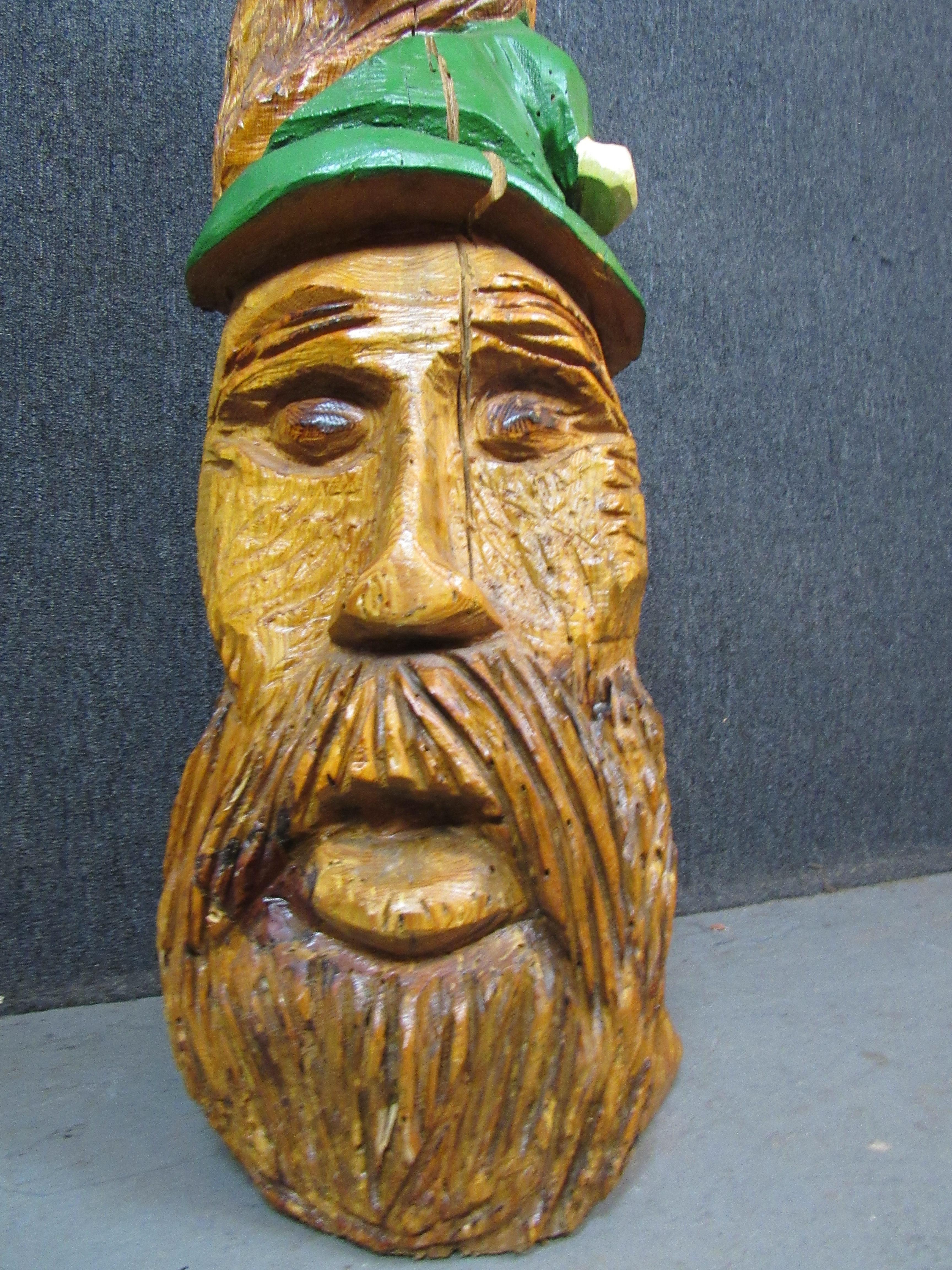 Hand Carved Gnome + Deer Woodland Totem  For Sale 3