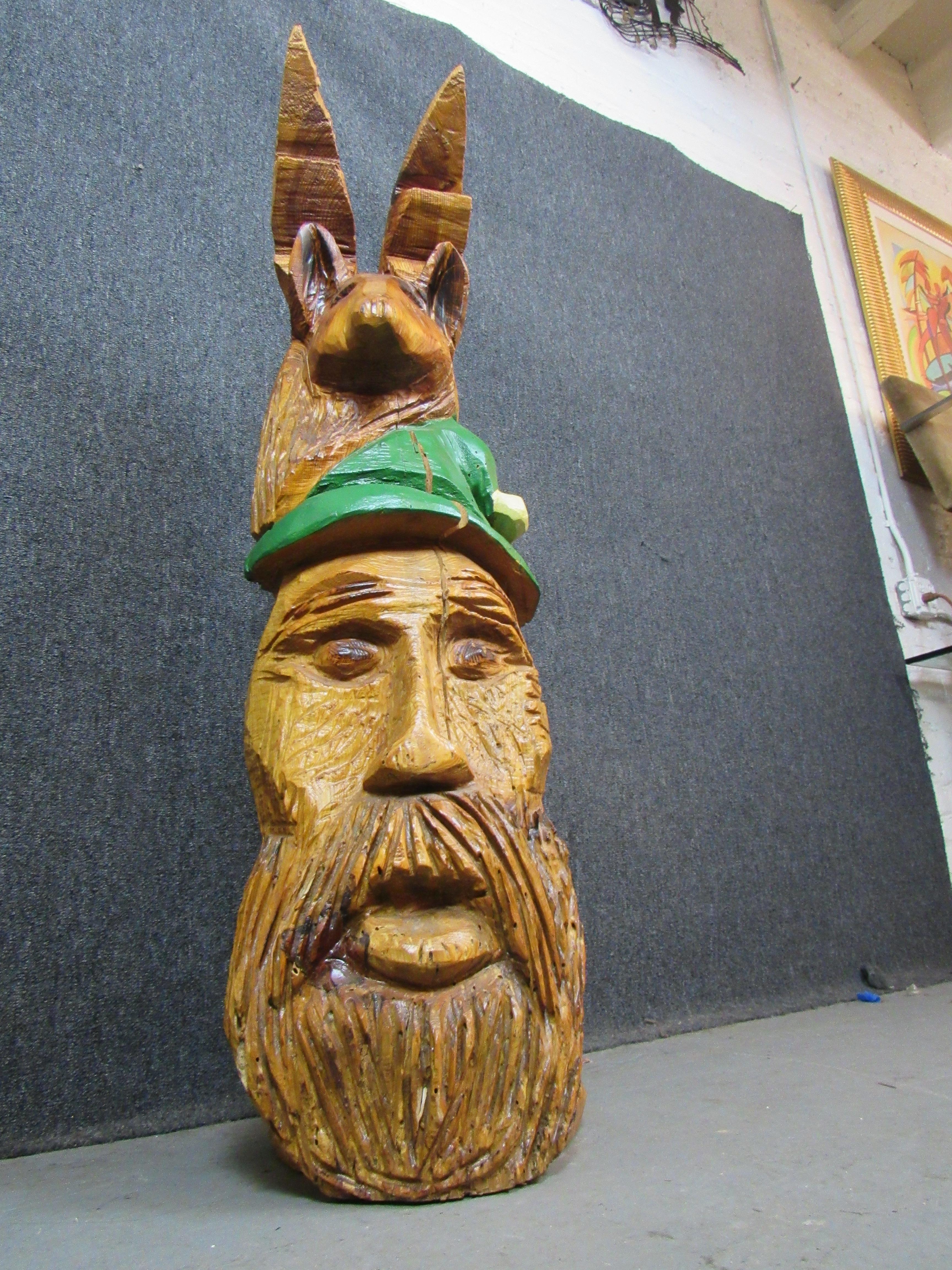 Hand Carved Gnome + Deer Woodland Totem  For Sale 4