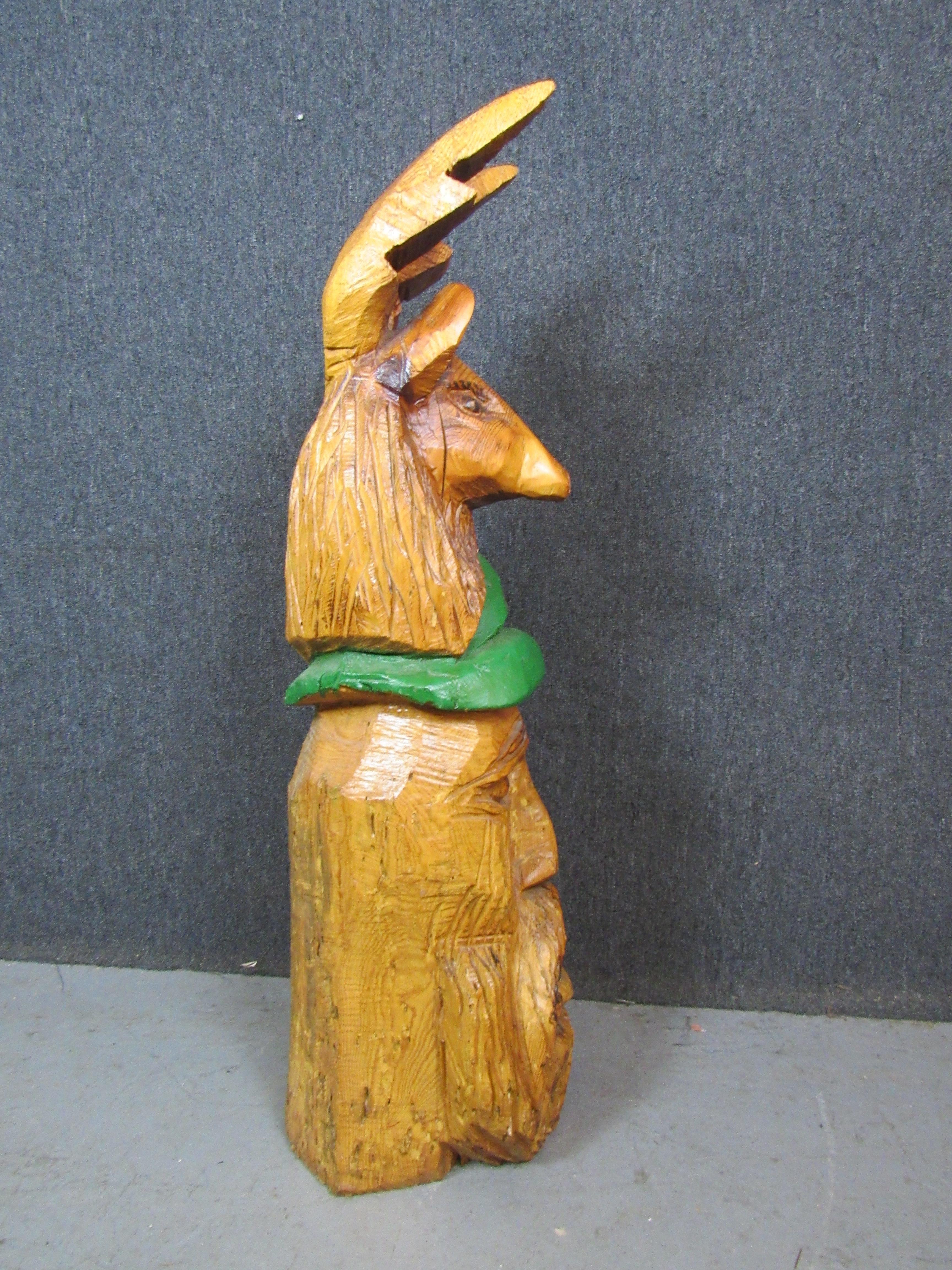 Folk Art Hand Carved Gnome + Deer Woodland Totem  For Sale