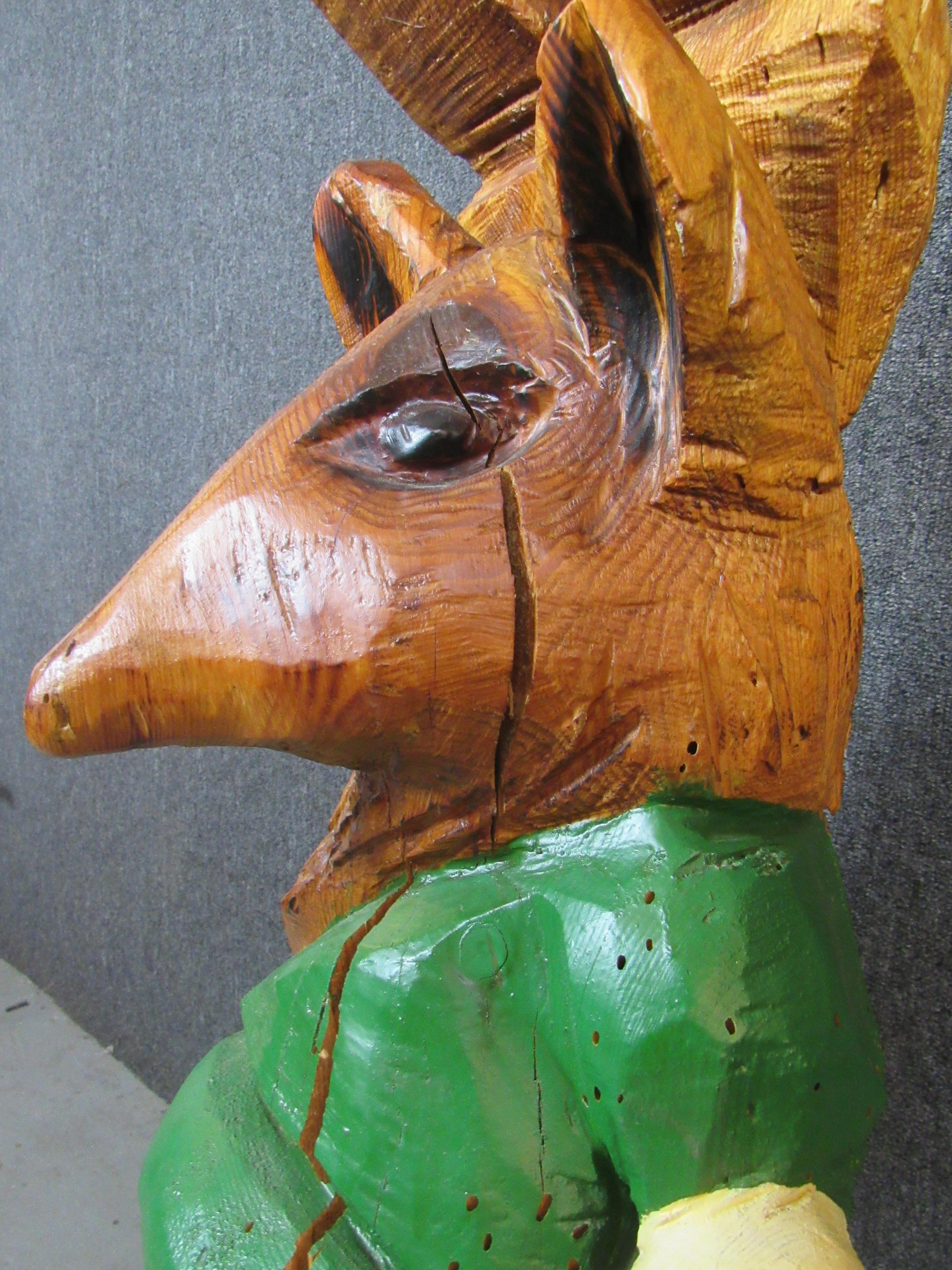 20th Century Hand Carved Gnome + Deer Woodland Totem  For Sale