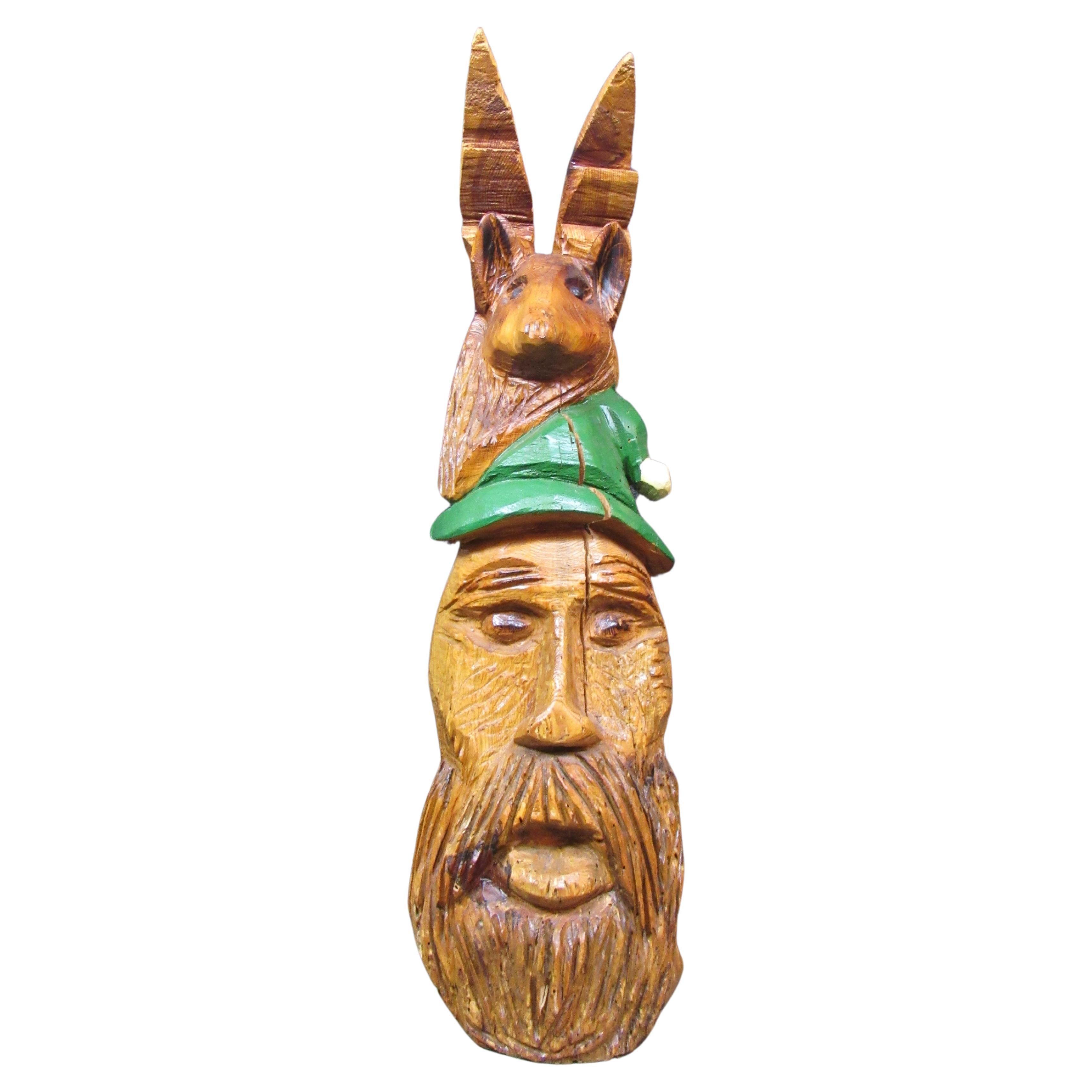 Hand Carved Gnome + Deer Woodland Totem  For Sale