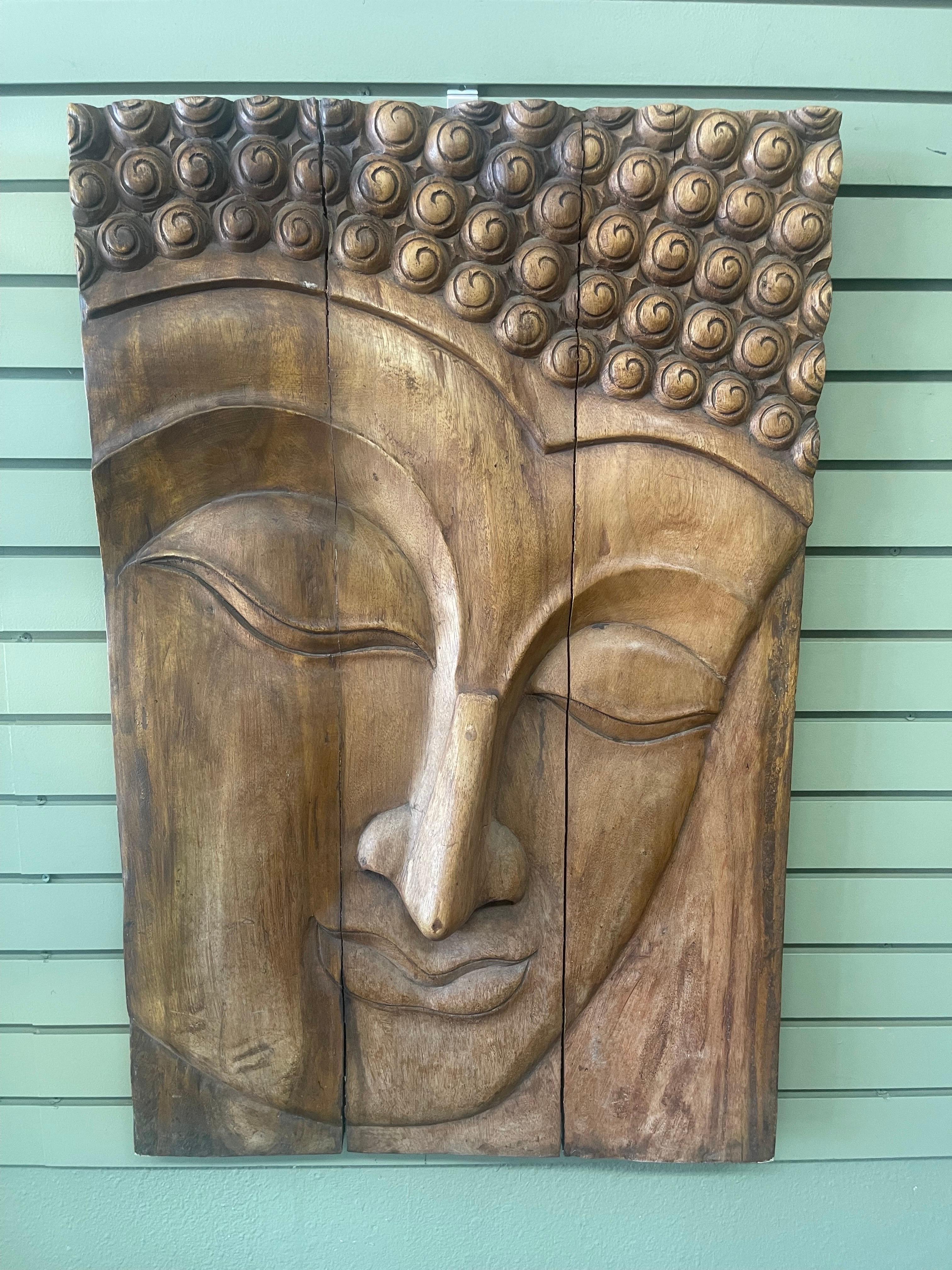 Impressive Hand-Carved Teak Young Buddha Wall Hanging 6