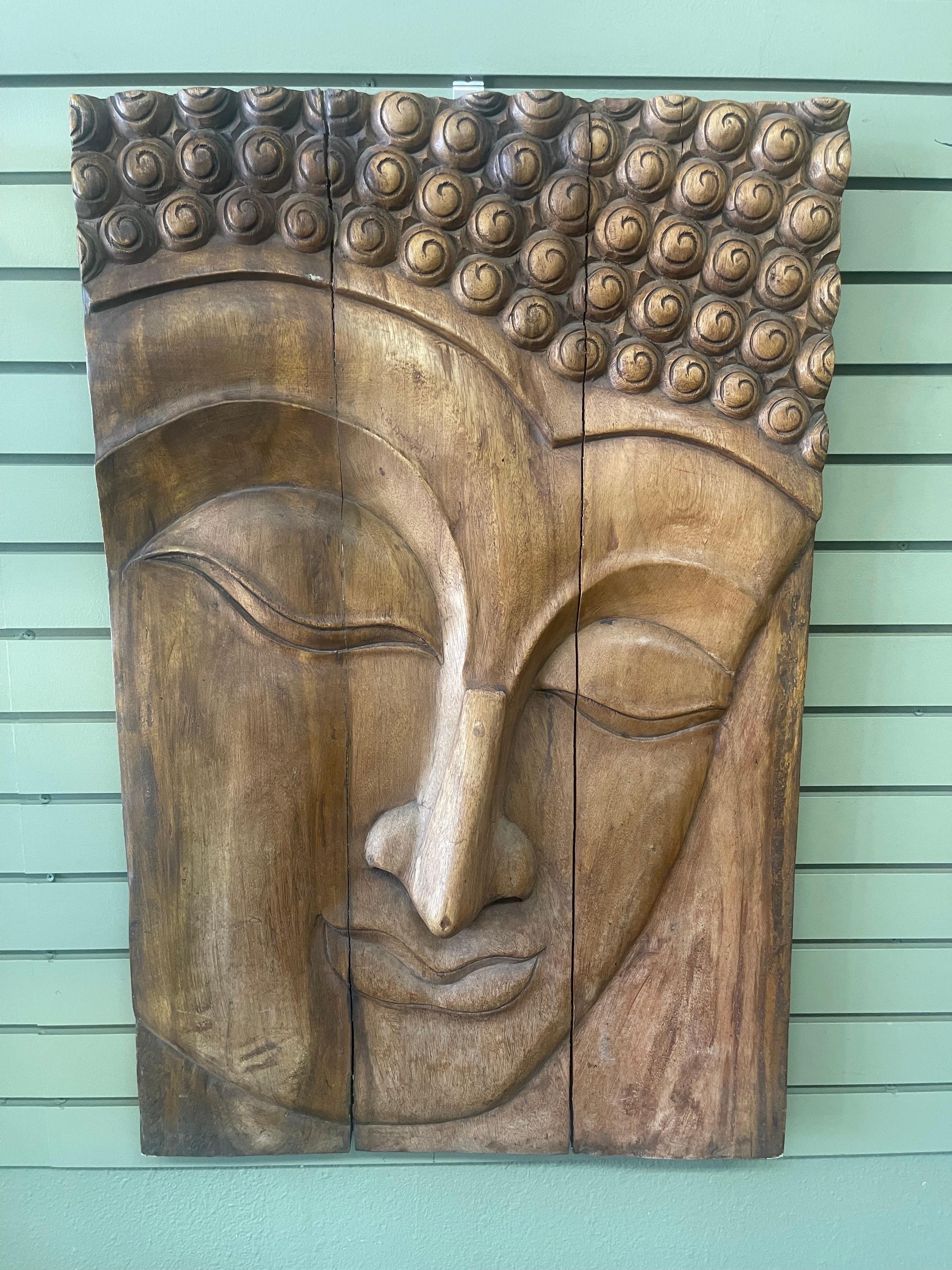 Mid-Century Modern Impressive Hand-Carved Teak Young Buddha Wall Hanging