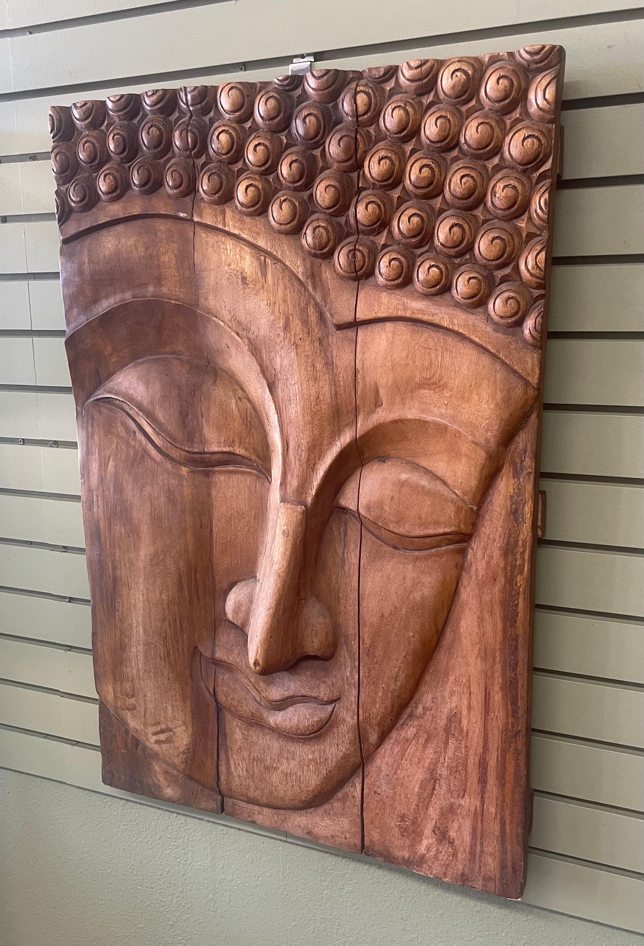 Thai Impressive Hand-Carved Teak Young Buddha Wall Hanging