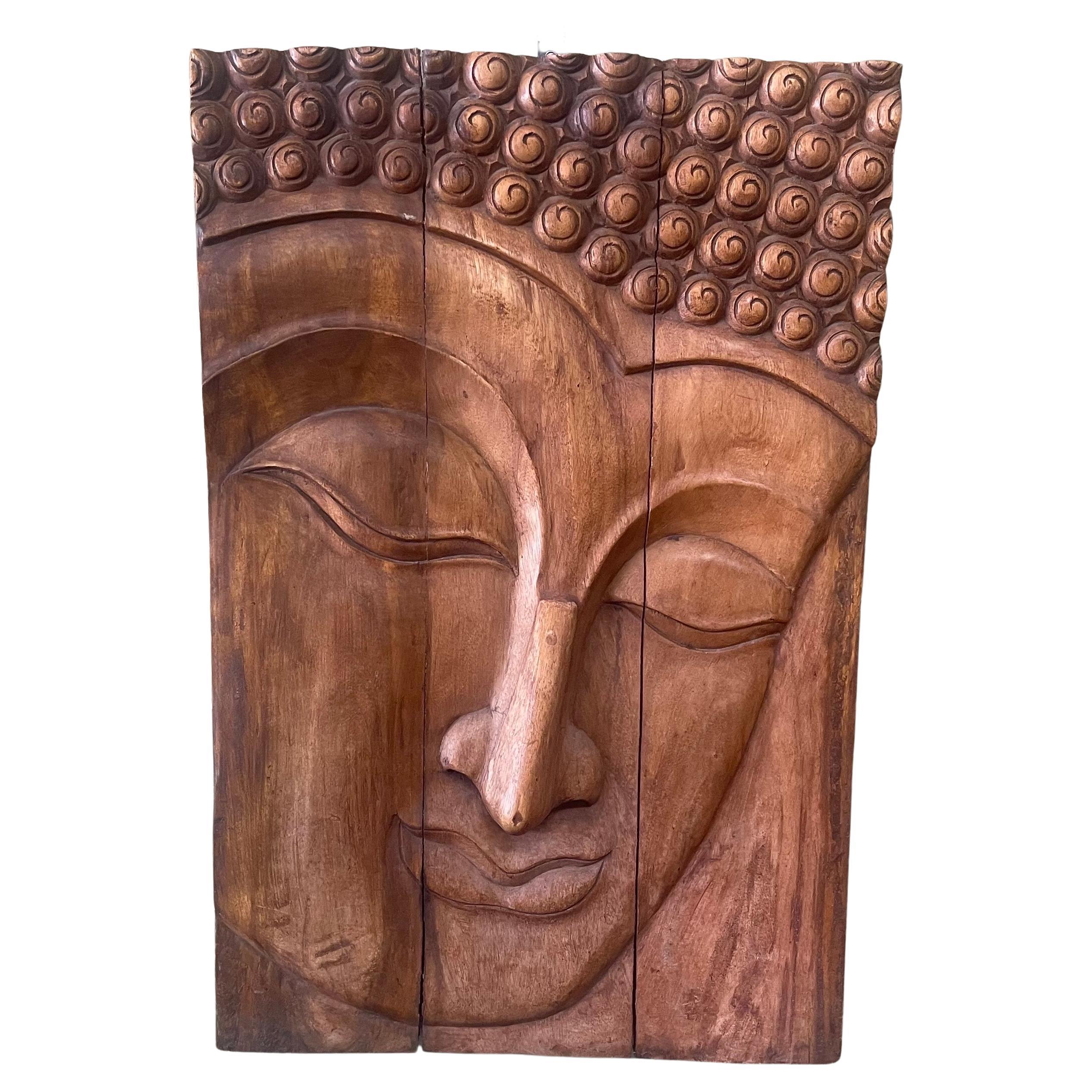 Impressive Hand-Carved Teak Young Buddha Wall Hanging