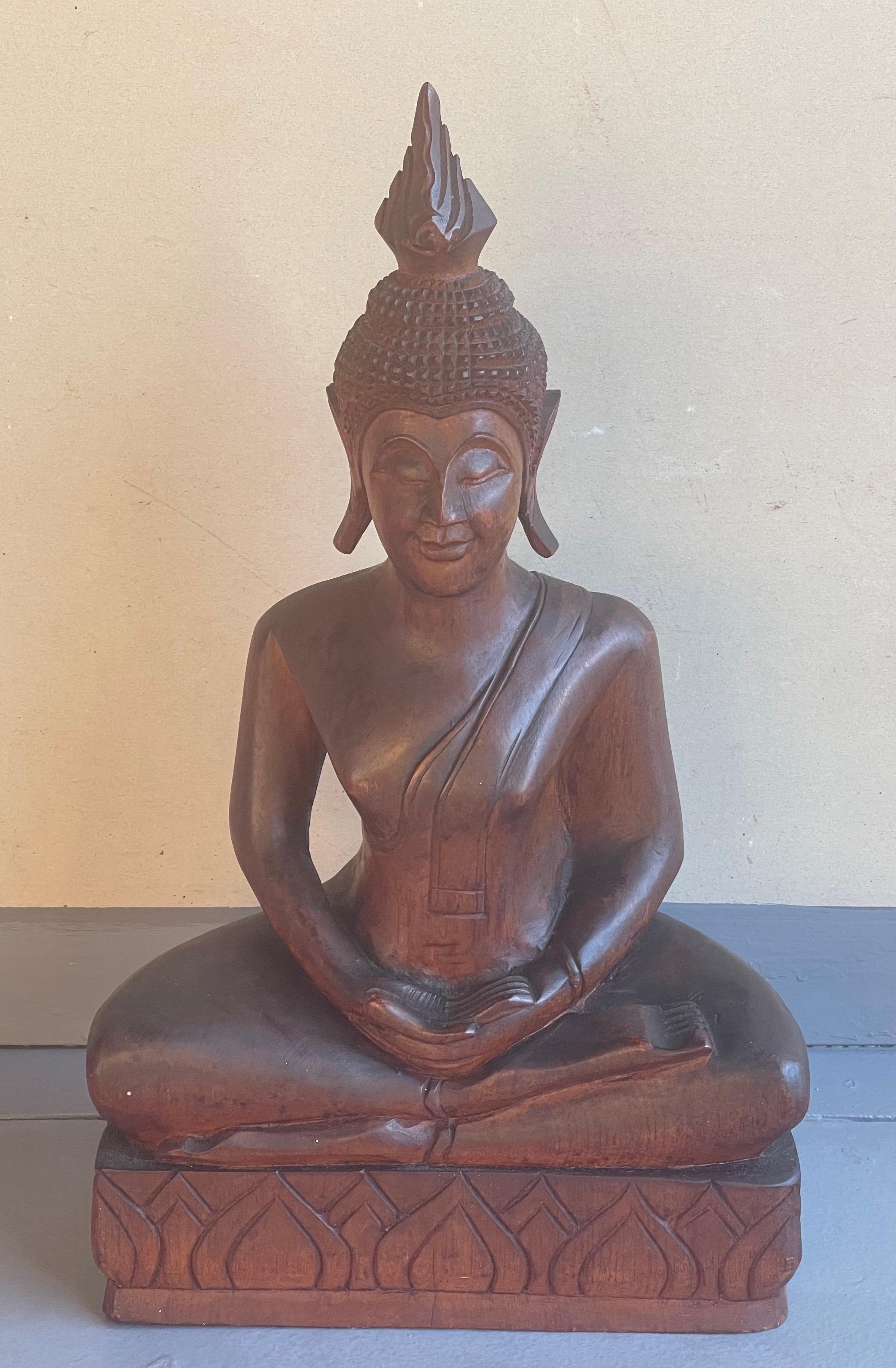 Mid-Century Modern Impressive Hand-Carved Wooden Buddha For Sale