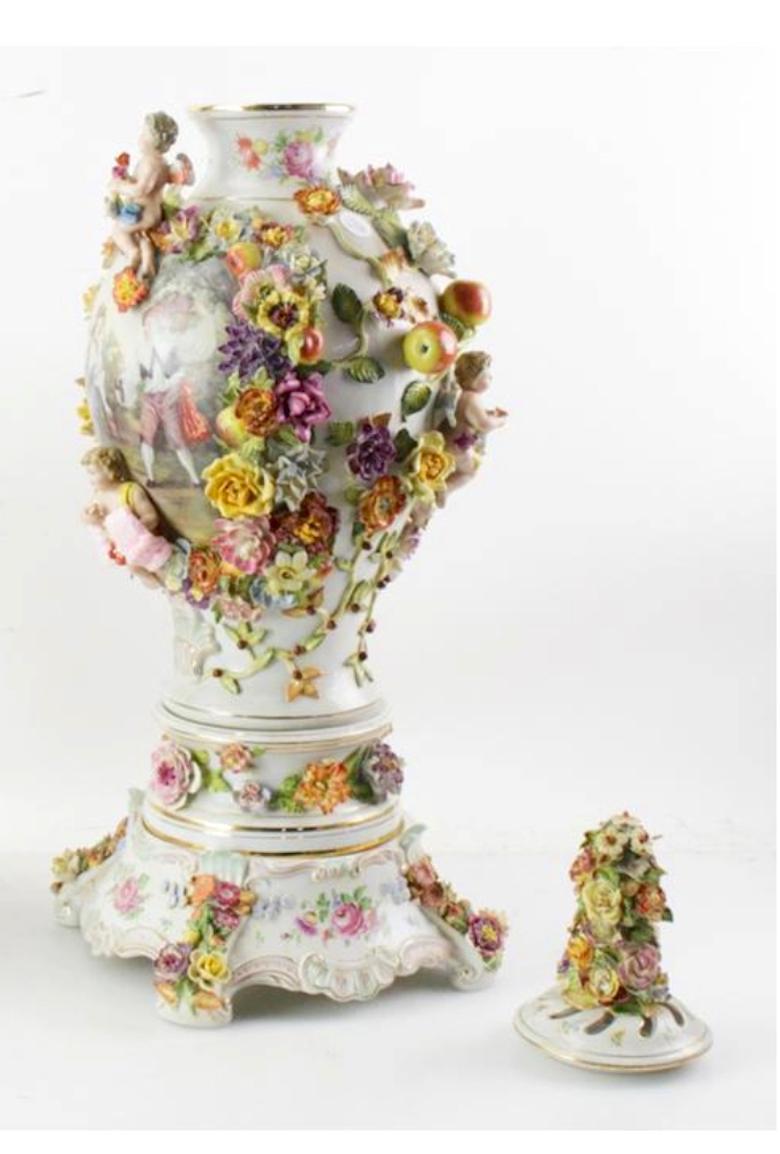 Rococo Revival Impressive Hand Painted / Decorated German Dresden Porcelain Urn / Centerpiece