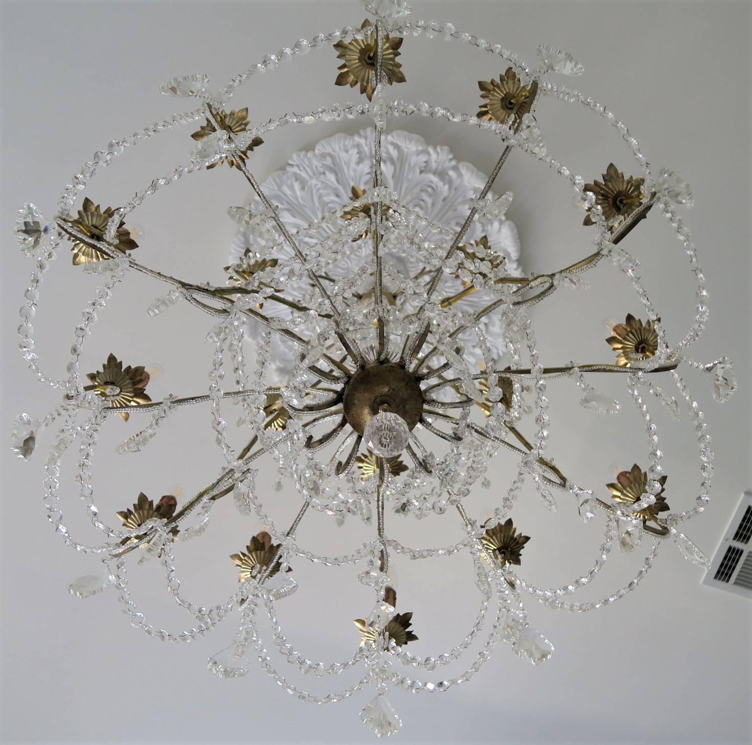 Contemporary Custom Made Handcrafted Gilt Iron and Murano Crystal Chandelier, Italy For Sale
