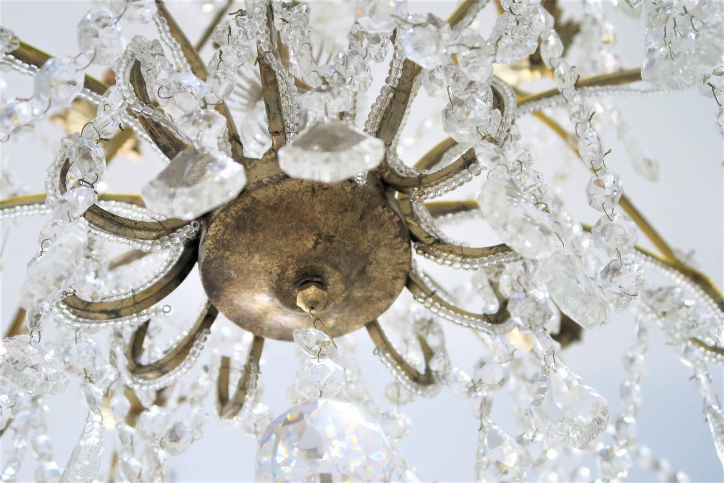 Murano Glass Custom Made Handcrafted Gilt Iron and Murano Crystal Chandelier, Italy For Sale