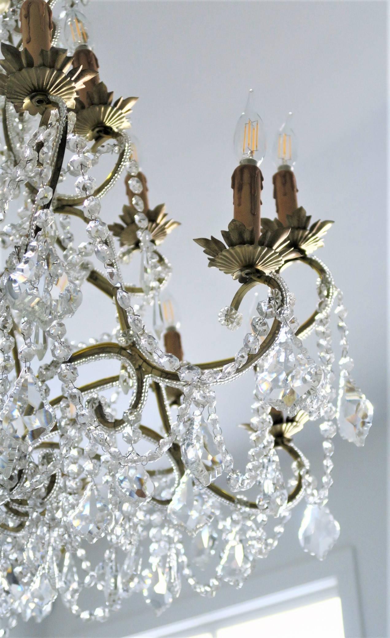 Custom Made Handcrafted Gilt Iron and Murano Crystal Chandelier, Italy For Sale 1