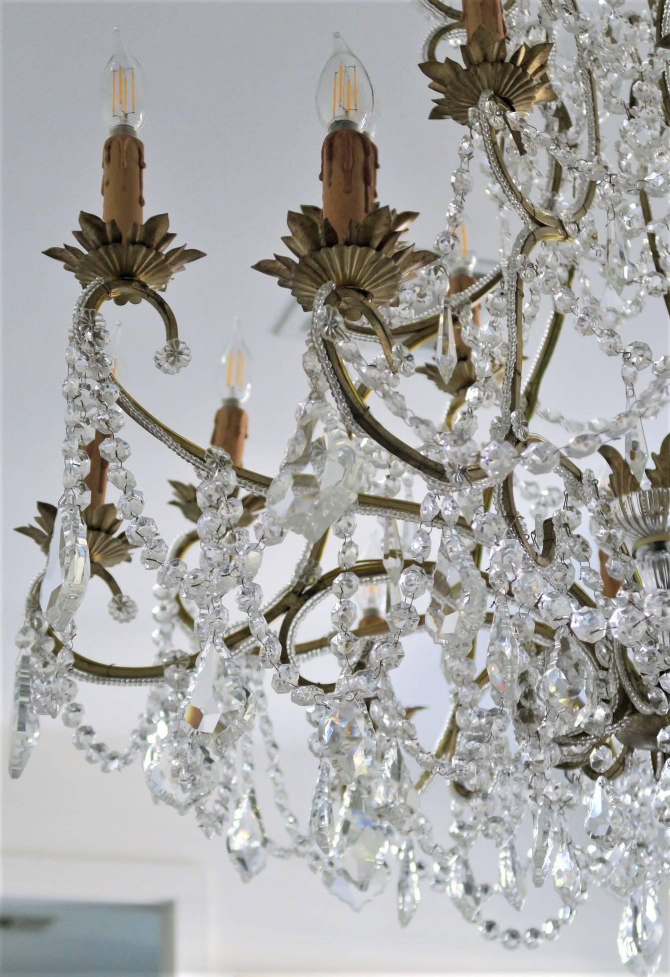 Custom Made Handcrafted Gilt Iron and Murano Crystal Chandelier, Italy For Sale 2