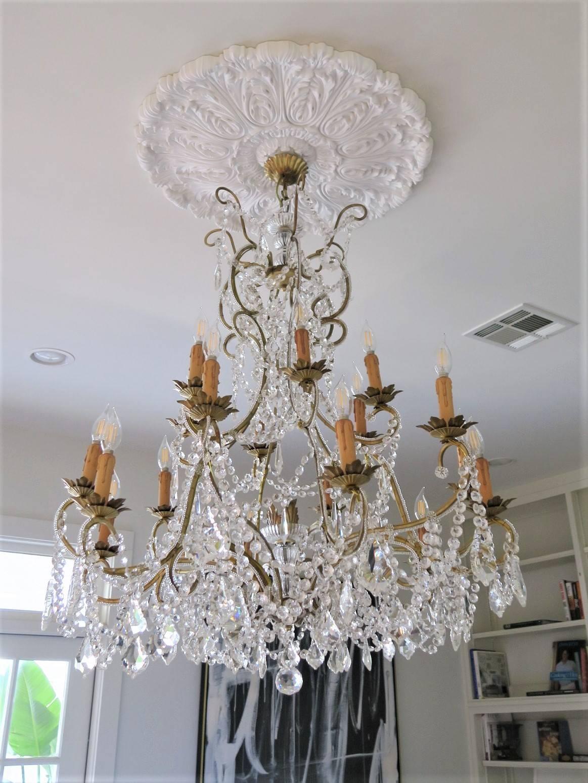 Custom Made Handcrafted Gilt Iron and Murano Crystal Chandelier, Italy For Sale 3
