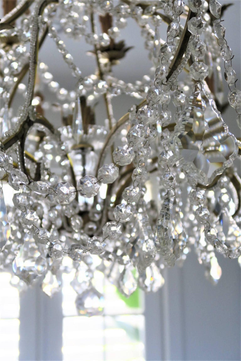 Hand-Crafted Custom Made Handcrafted Gilt Iron and Murano Crystal Chandelier, Italy For Sale