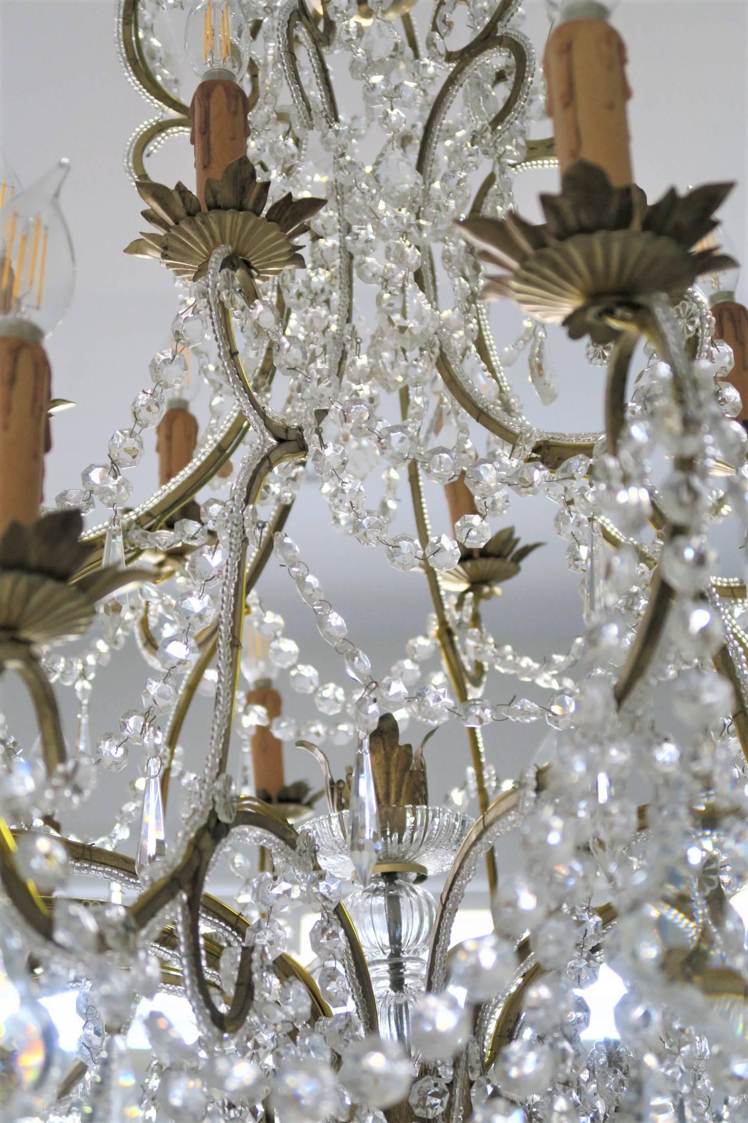 Italian Custom Made Handcrafted Gilt Iron and Murano Crystal Chandelier, Italy For Sale
