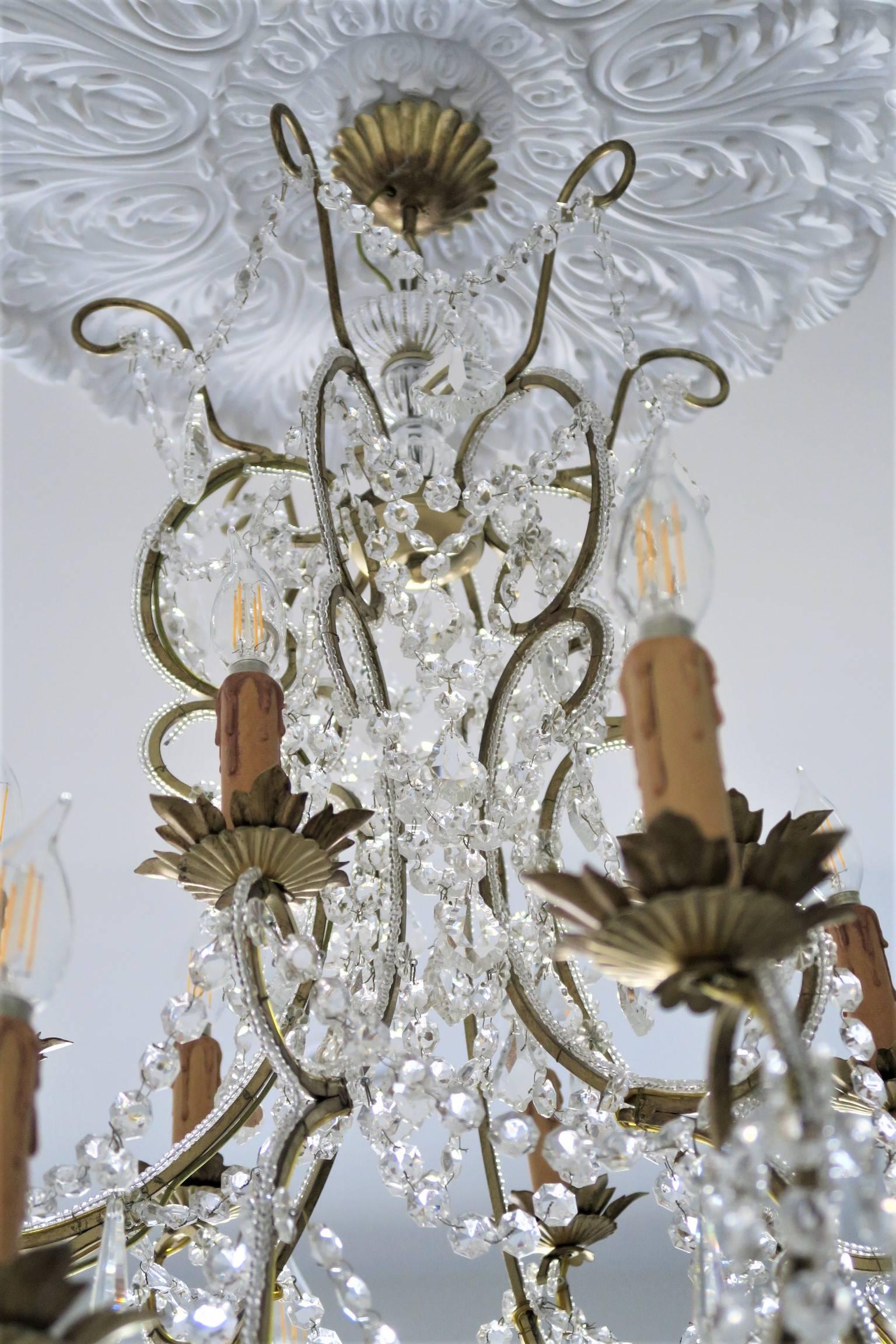 Hand-Crafted Custom Made Handcrafted Gilt Iron and Murano Crystal Chandelier, Italy For Sale