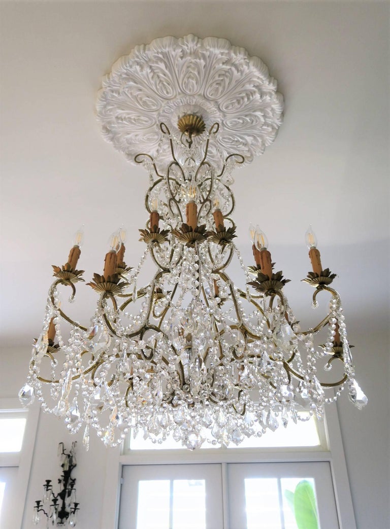 Custom Made Handcrafted Gilt Iron and Murano Crystal Chandelier, Italy For Sale 1