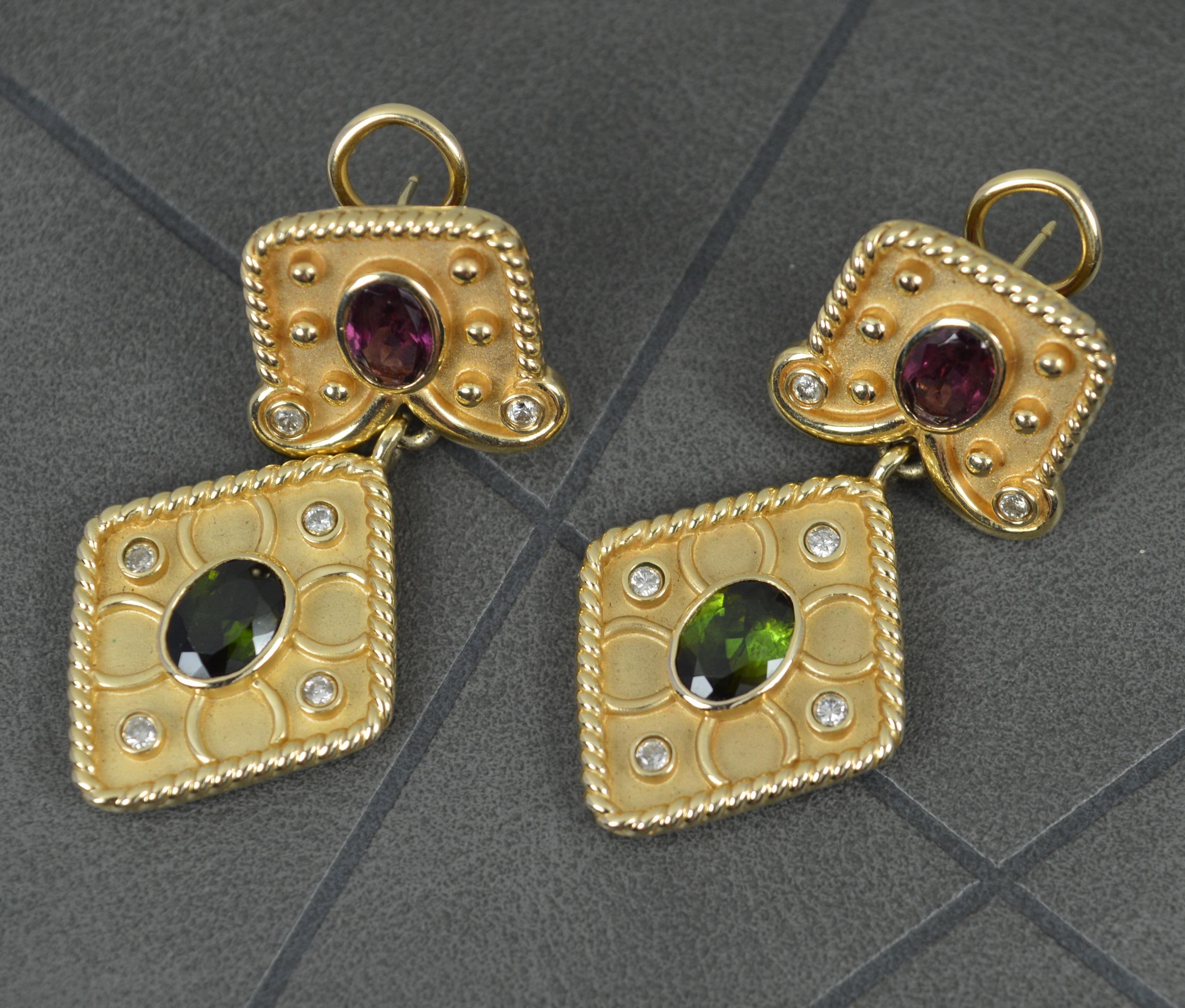 Impressive Heavy 14ct Gold Tourmaline and Diamond Drop Dangle Earrings For Sale 6