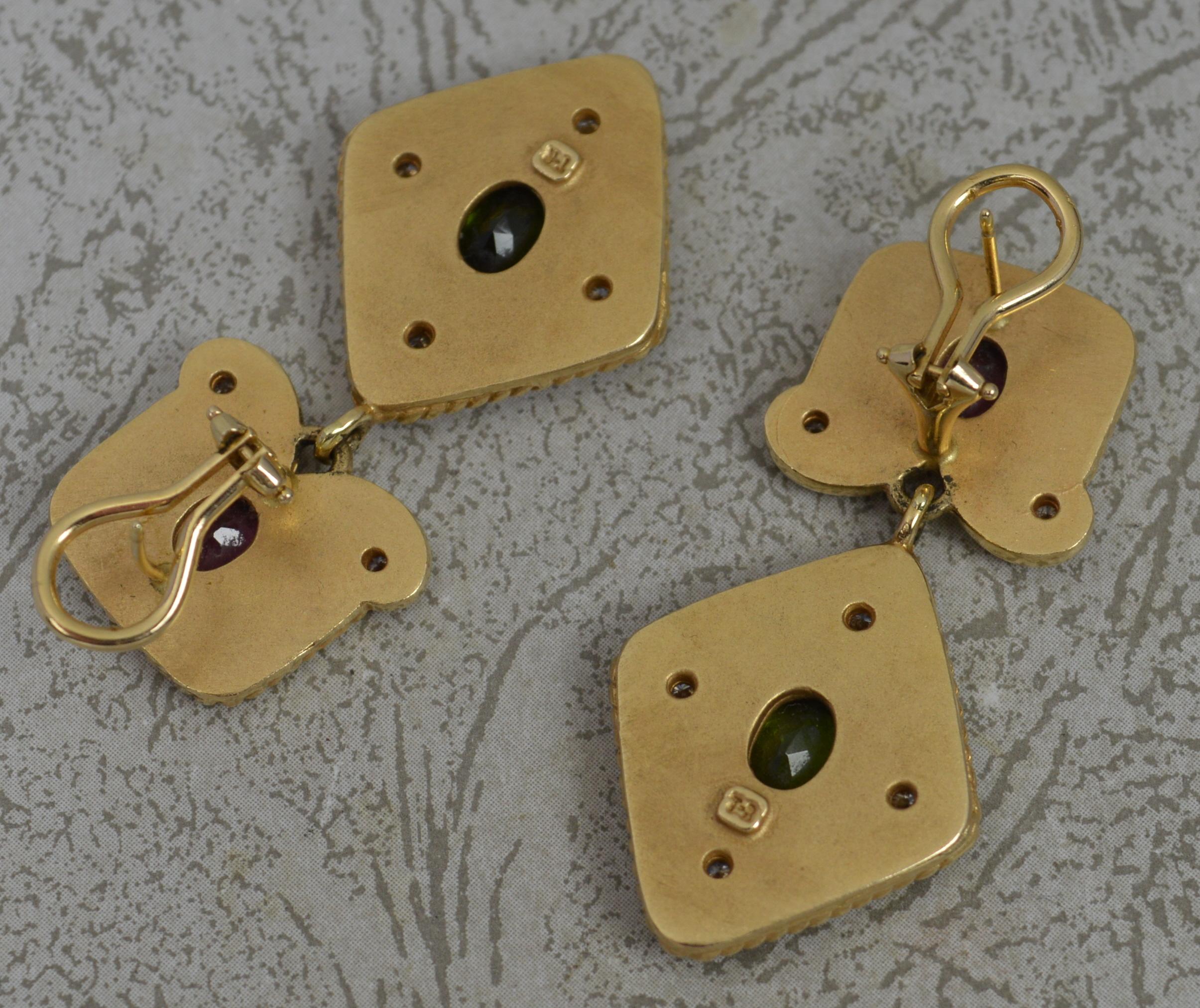 Oval Cut Impressive Heavy 14ct Gold Tourmaline and Diamond Drop Dangle Earrings For Sale