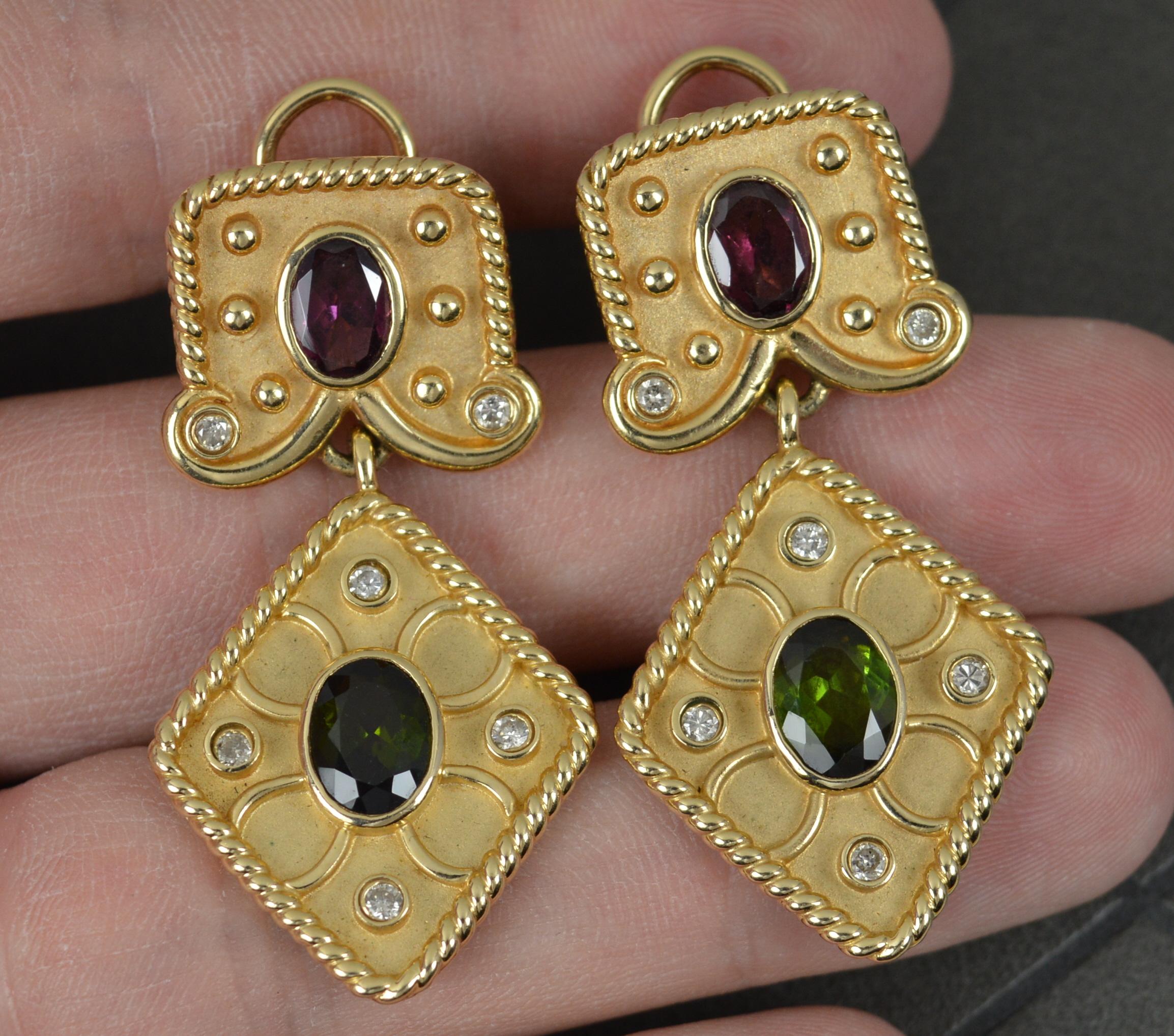 Impressive Heavy 14ct Gold Tourmaline and Diamond Drop Dangle Earrings For Sale 4