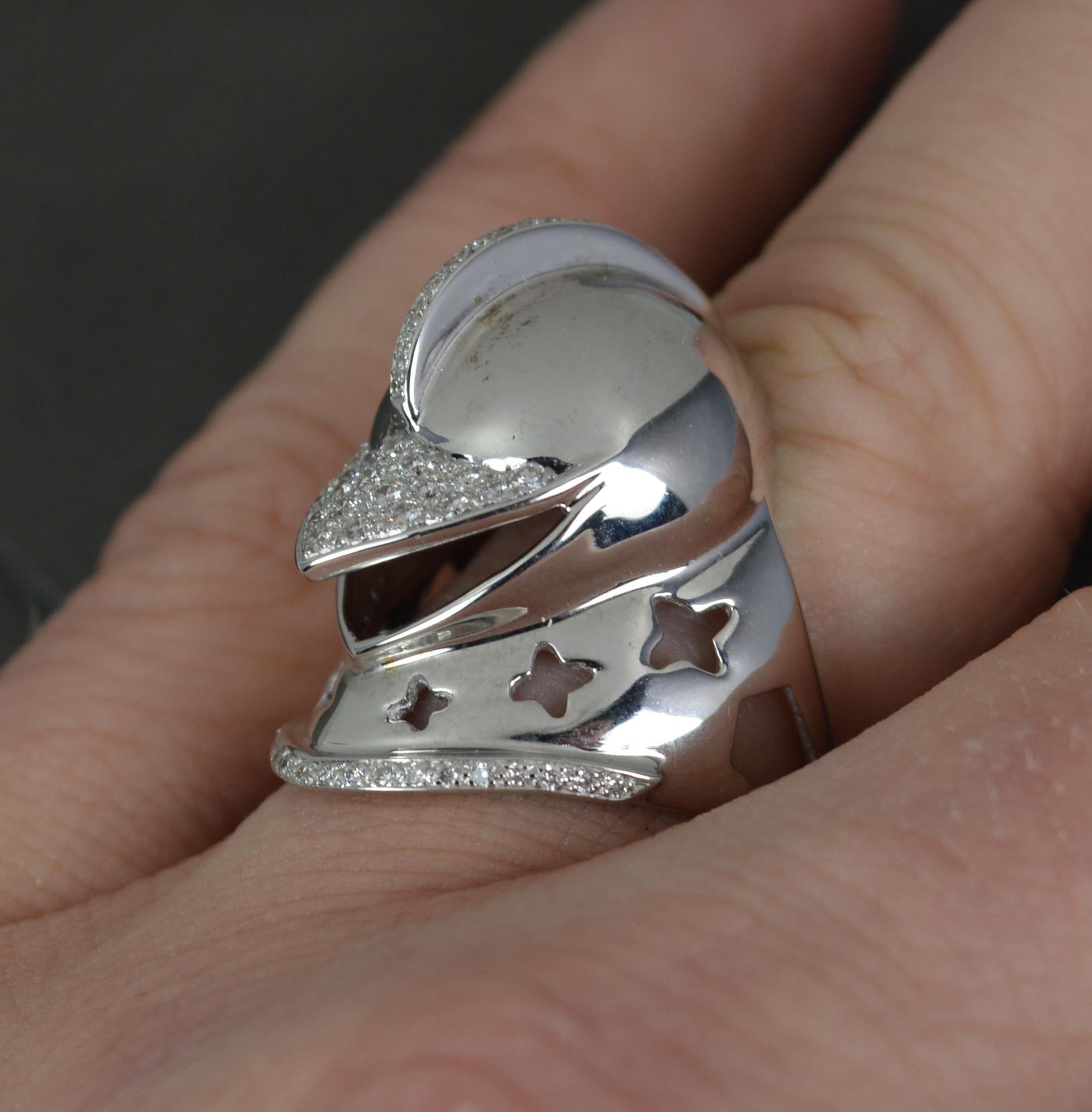 Round Cut Impressive Heavy 18 Carat White Gold and Diamond Knights Helmet Ring For Sale