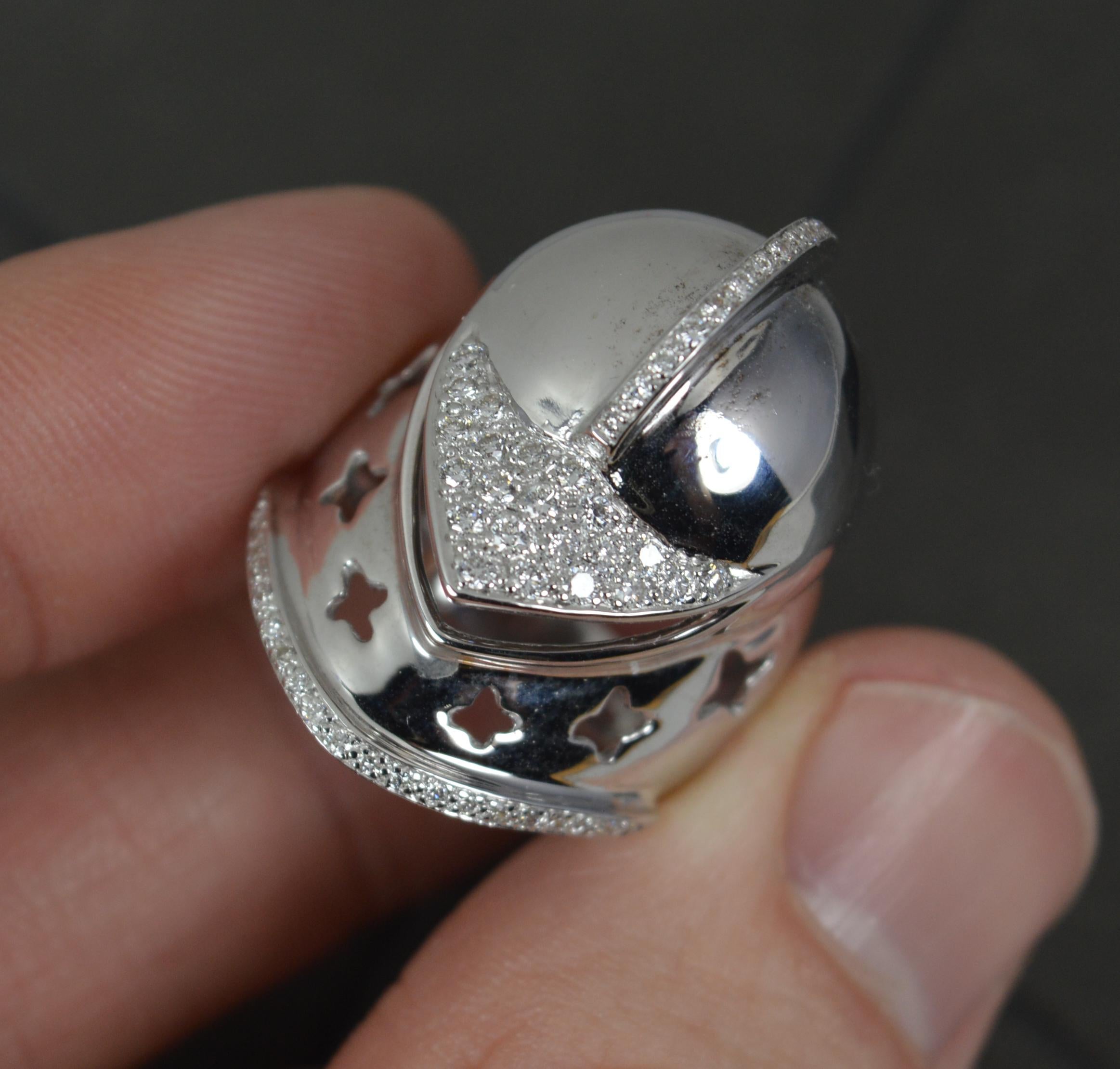 Impressive Heavy 18 Carat White Gold and Diamond Knights Helmet Ring In Excellent Condition For Sale In St Helens, GB
