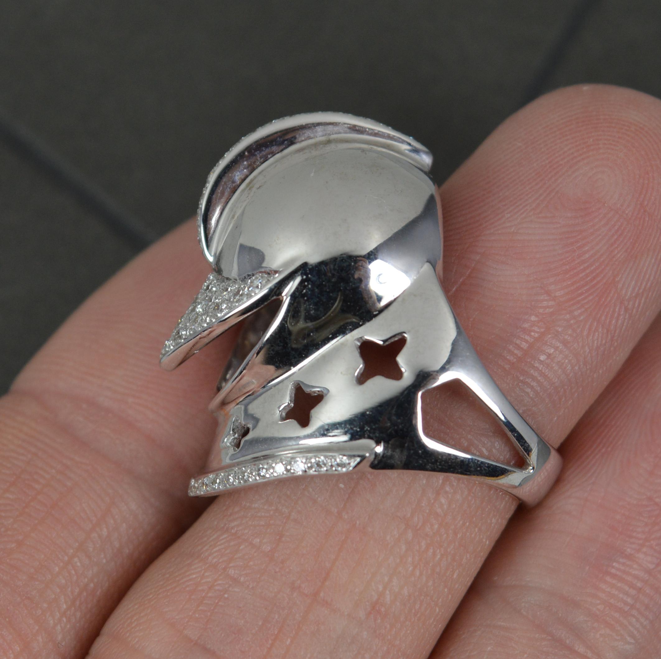 Women's Impressive Heavy 18 Carat White Gold and Diamond Knights Helmet Ring For Sale