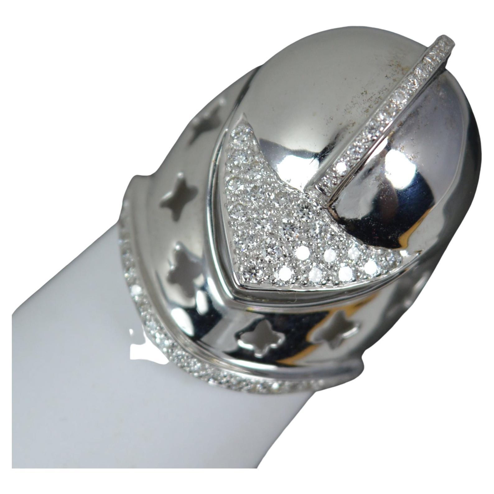 Impressive Heavy 18 Carat White Gold and Diamond Knights Helmet Ring For Sale