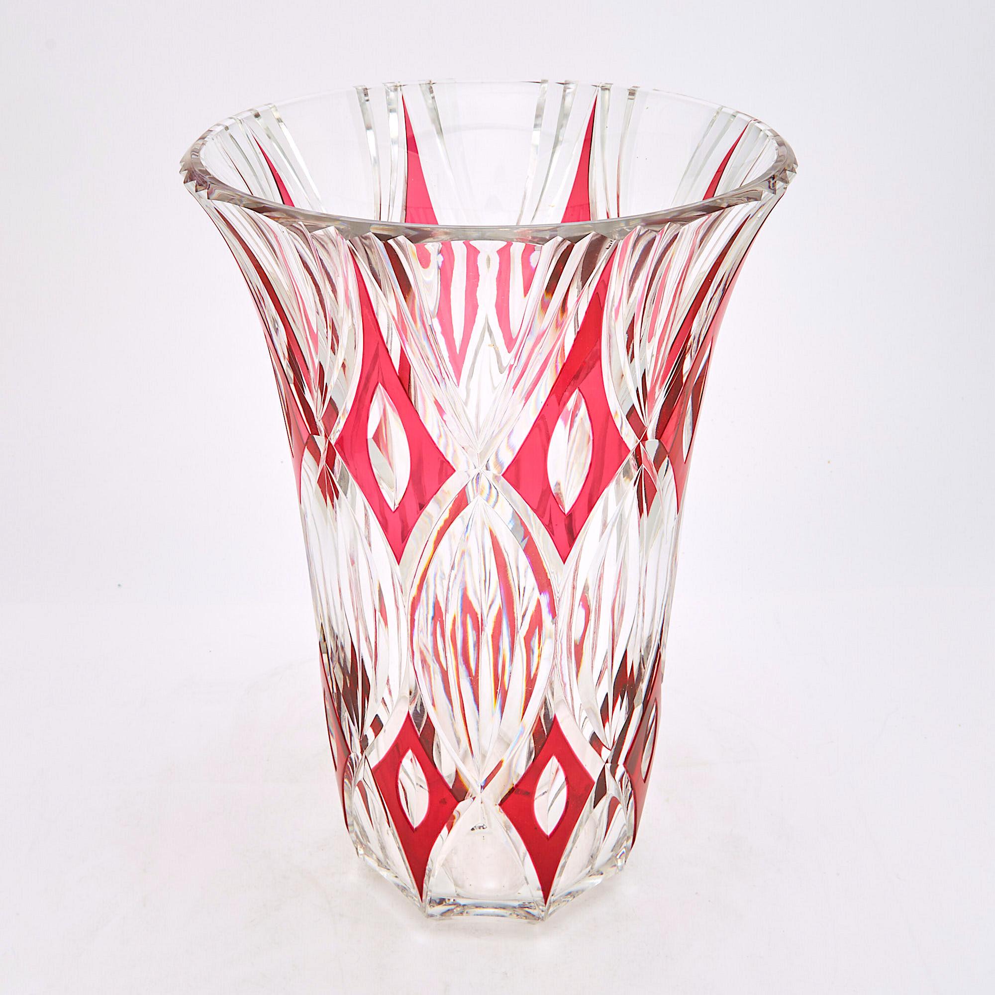 Belgian Impressive & Heavy Cut Glass Vase Val Saint Lambert Great Ruby / Clear Color For Sale