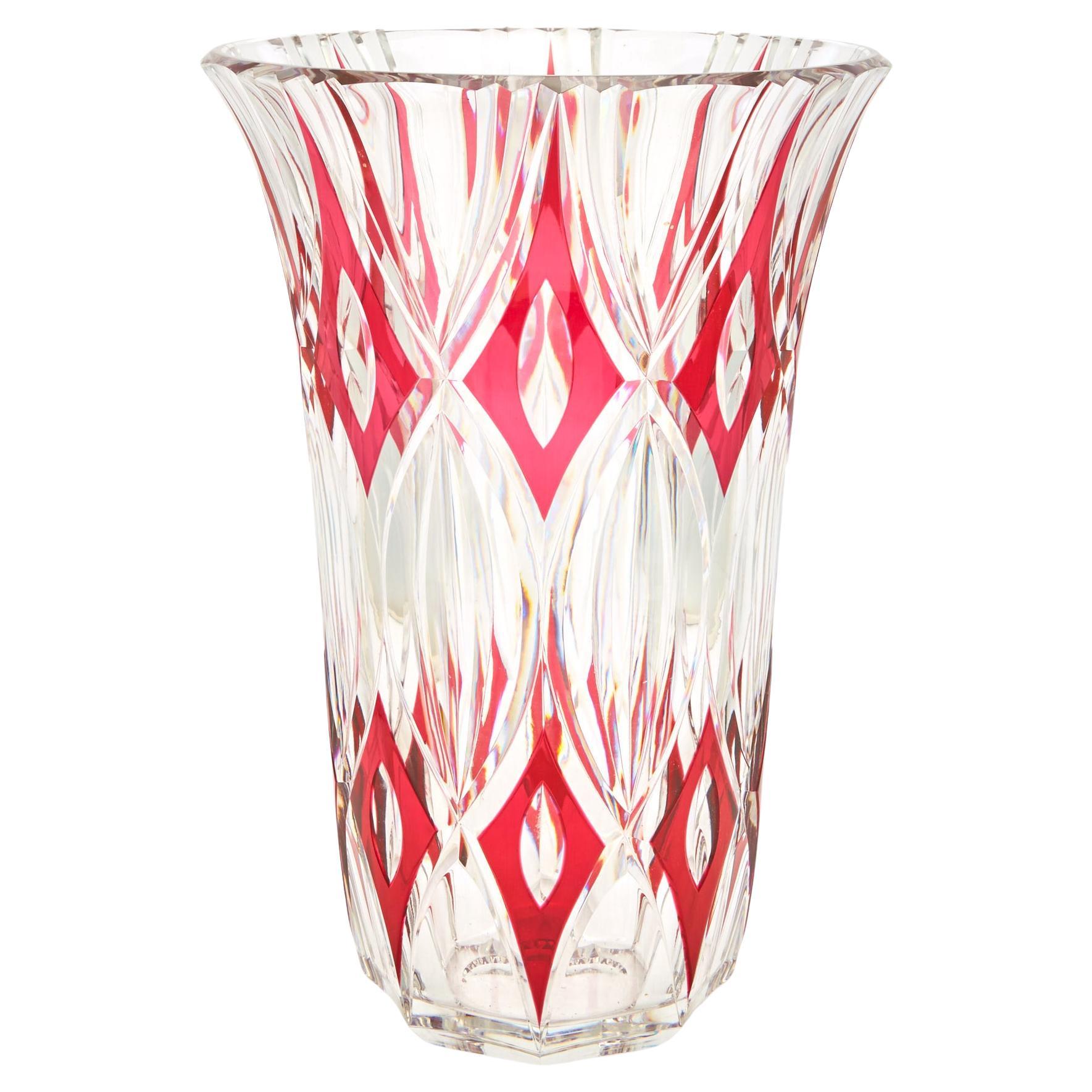 Impressive & Heavy Cut Glass Vase Val Saint Lambert Great Ruby / Clear Color For Sale