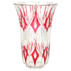 Impressive & Heavy Cut Glass Vase Val Saint Lambert Great Ruby / Clear Color