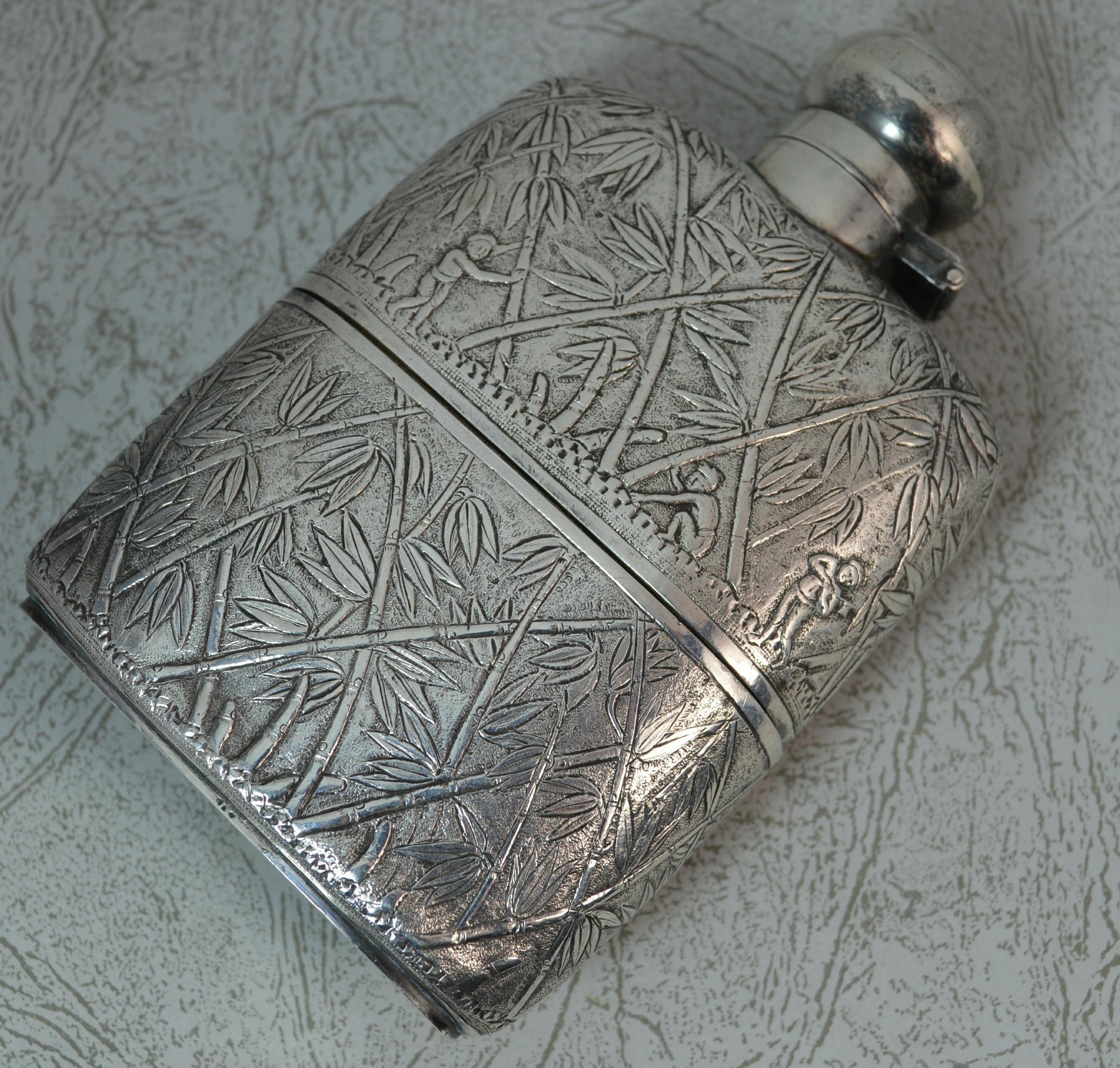 A very fine example of a solid silver hipflask.
True antique example, circa 1900. Most likely Japanese.
A fine bamboo design throughout. The base pulls off forming a stirrup cup.

Hallmarks ; no visible marks, fully tested
Size ; 7.5cm x 11.8cm